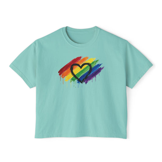 Rainbow Drip Heart Boxy Tee - Women's Pride Crop T-Shirt