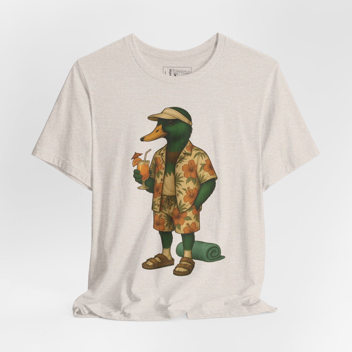 Heather Dust Poolside Duck T-shirt front view with anthropomorphic mallard duck graphic