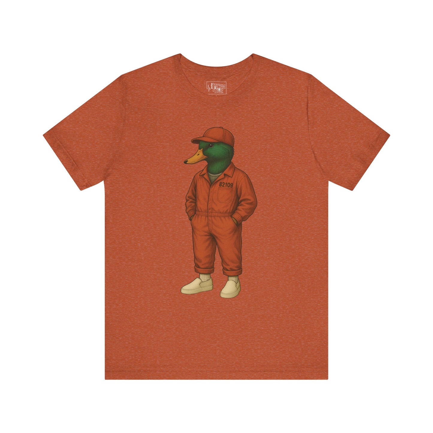 Autumn Inmate Duck T-shirt front view with anthropomorphic mallard duck graphic