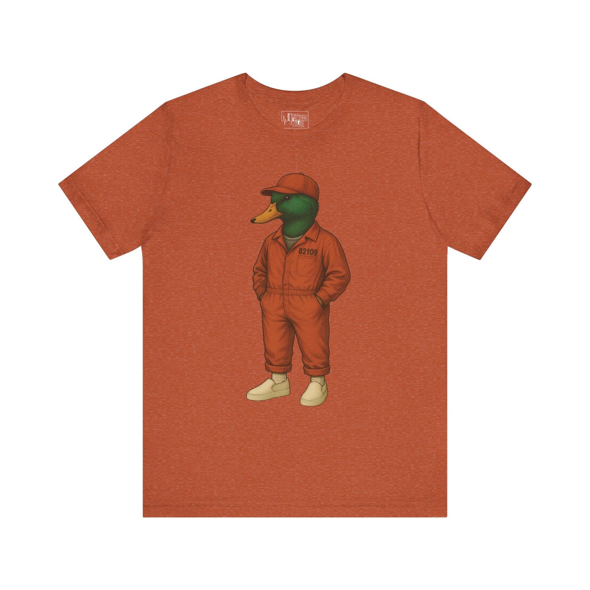 Autumn Inmate Duck T-shirt front view with anthropomorphic mallard duck graphic