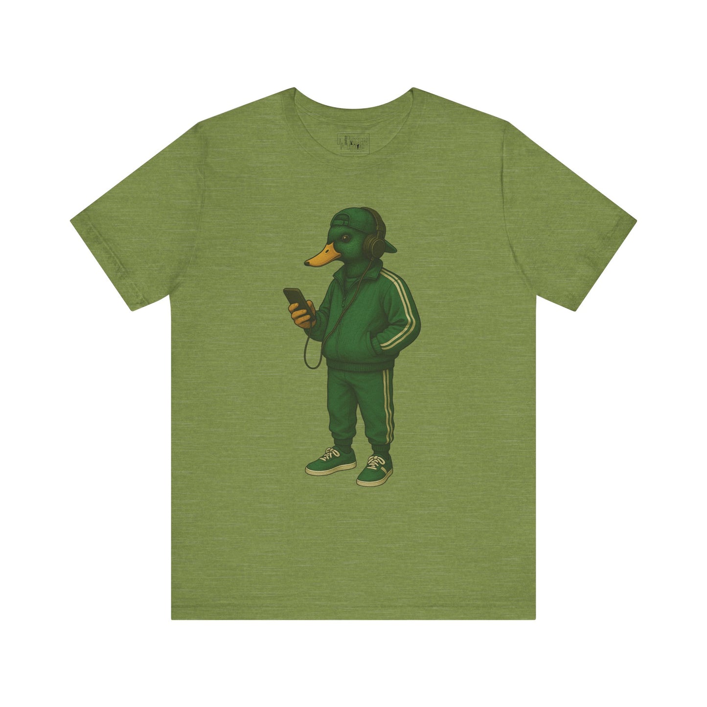 Green Tracksuit Duck T-shirt front view with anthropomorphic mallard duck graphic