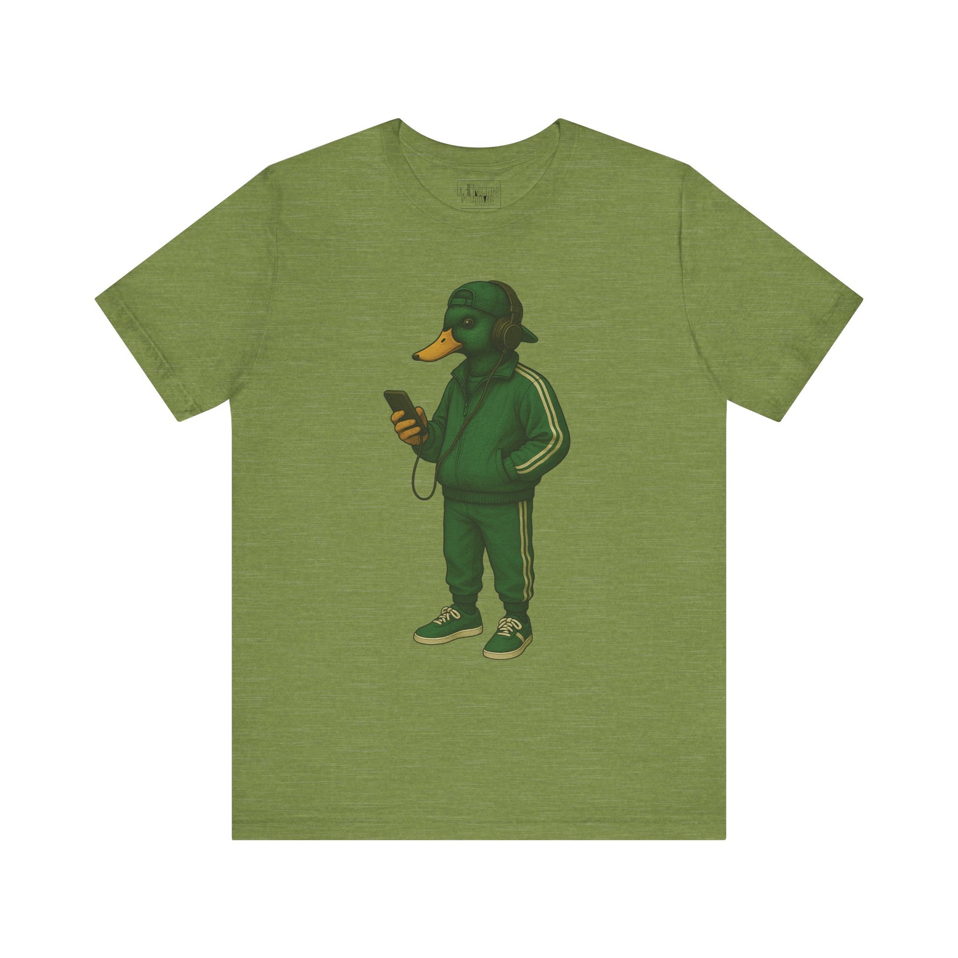 Green Tracksuit Duck T-shirt front view with anthropomorphic mallard duck graphic