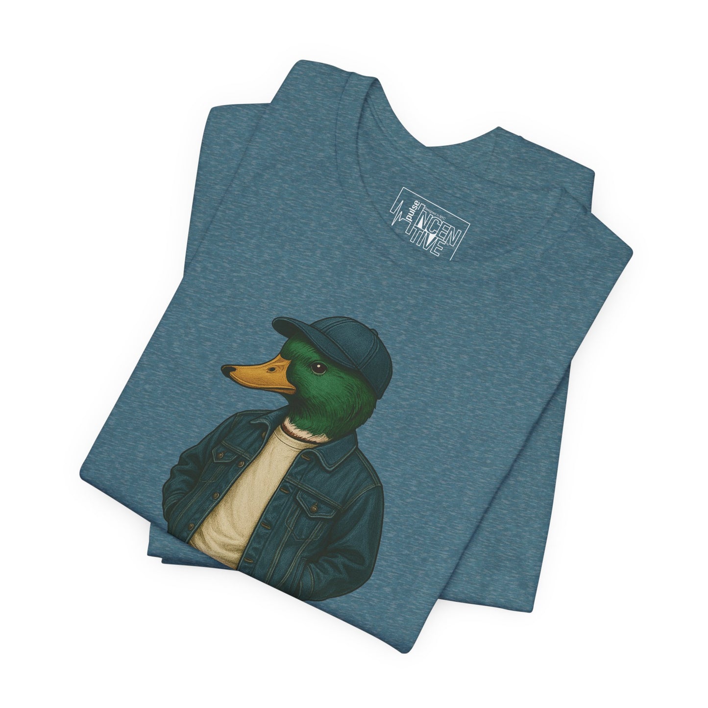 Deep Teal Denim Duck T-shirt folded view with anthropomorphic mallard duck graphic
