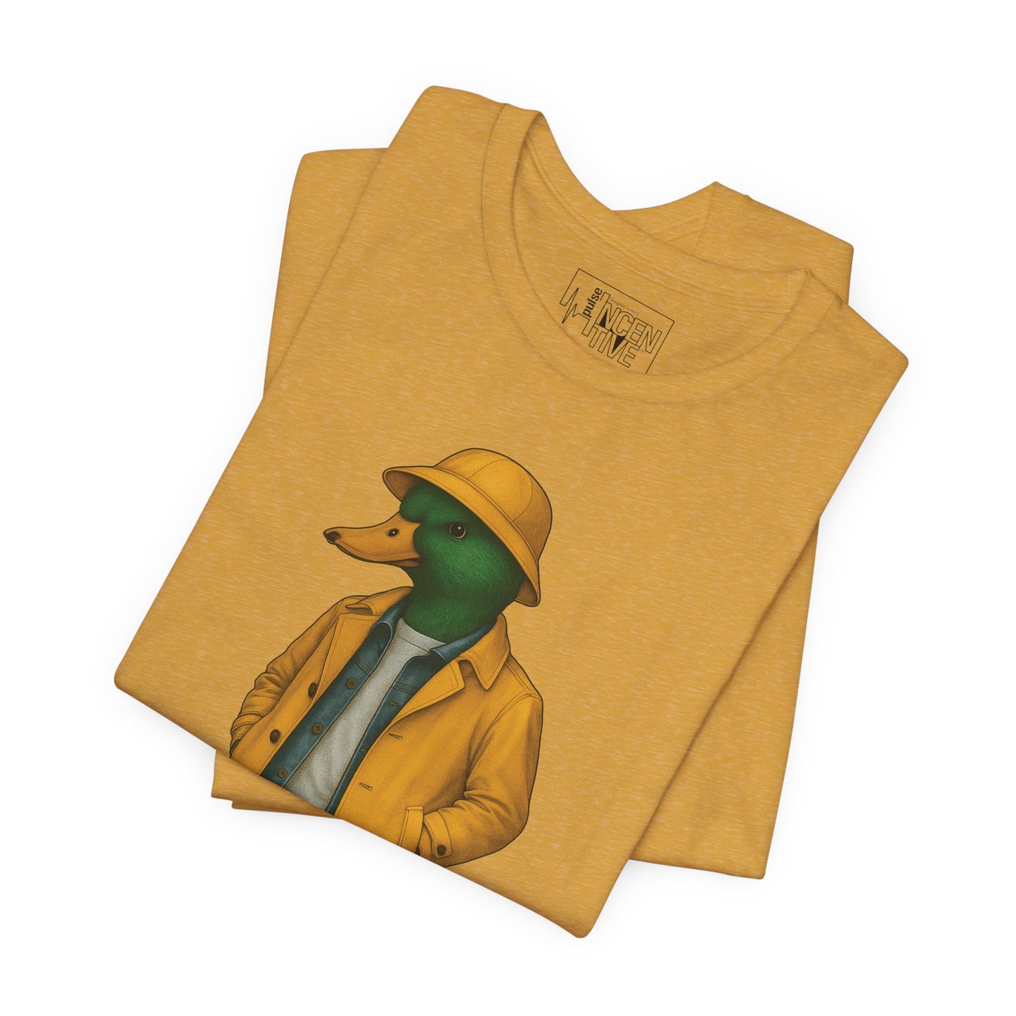 Mustard Storm Duck T-shirt folded view with anthropomorphic mallard duck graphic