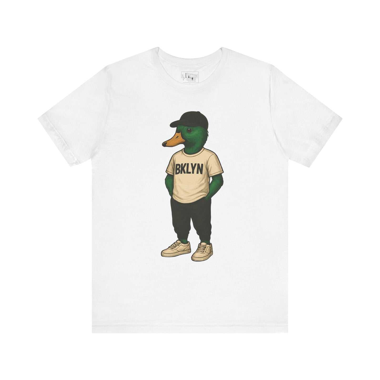 White BKLYN Duck T-shirt front view with anthropomorphic mallard duck graphic