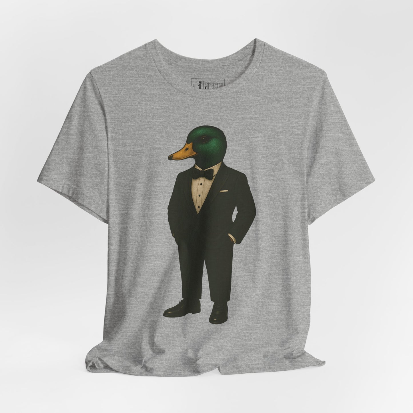 Athletic Heather Dapper Duck T-shirt front view with anthropomorphic mallard duck graphic