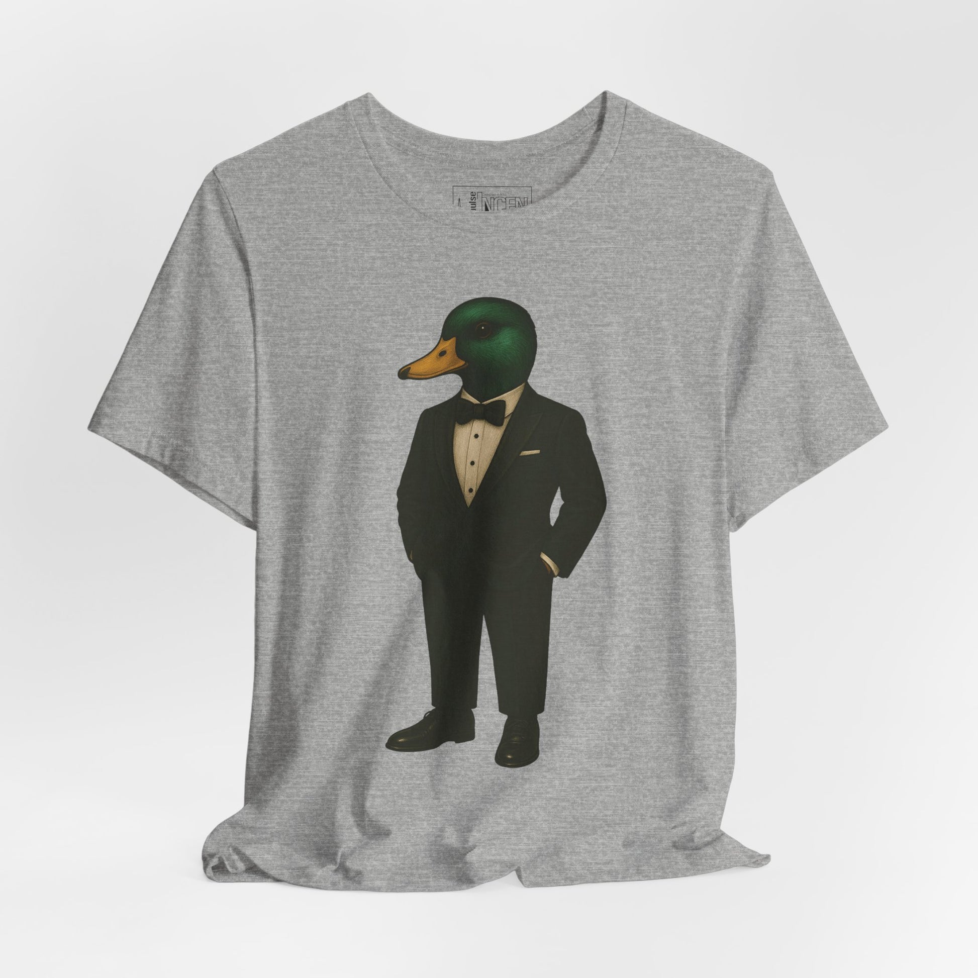 Athletic Heather Dapper Duck T-shirt front view with anthropomorphic mallard duck graphic