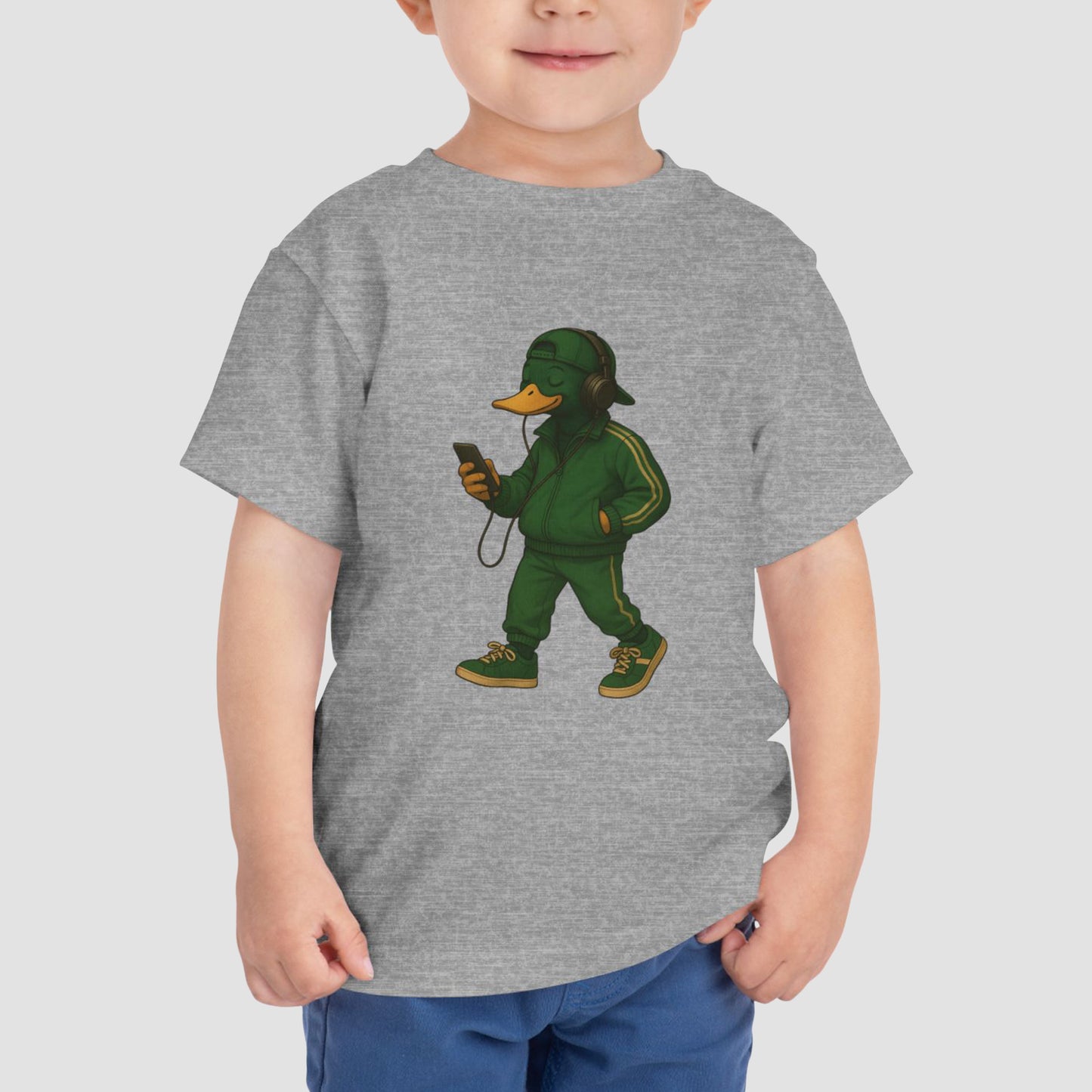 Heather Tracksuit Duck Toddler T-shirt front view with anthropomorphic mallard duck graphic