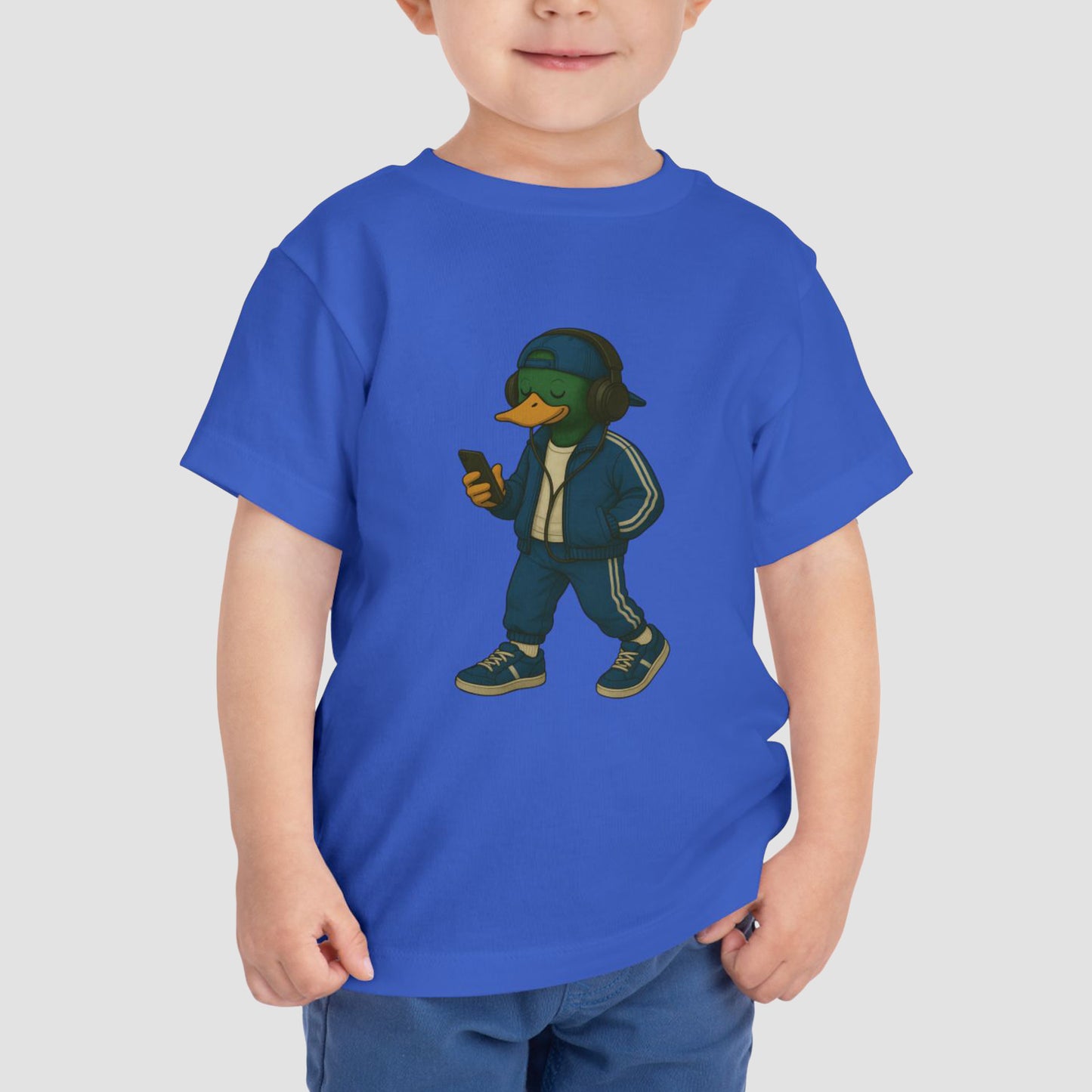 Royal Tracksuit Duck Toddler T-shirt front view with anthropomorphic mallard duck graphic