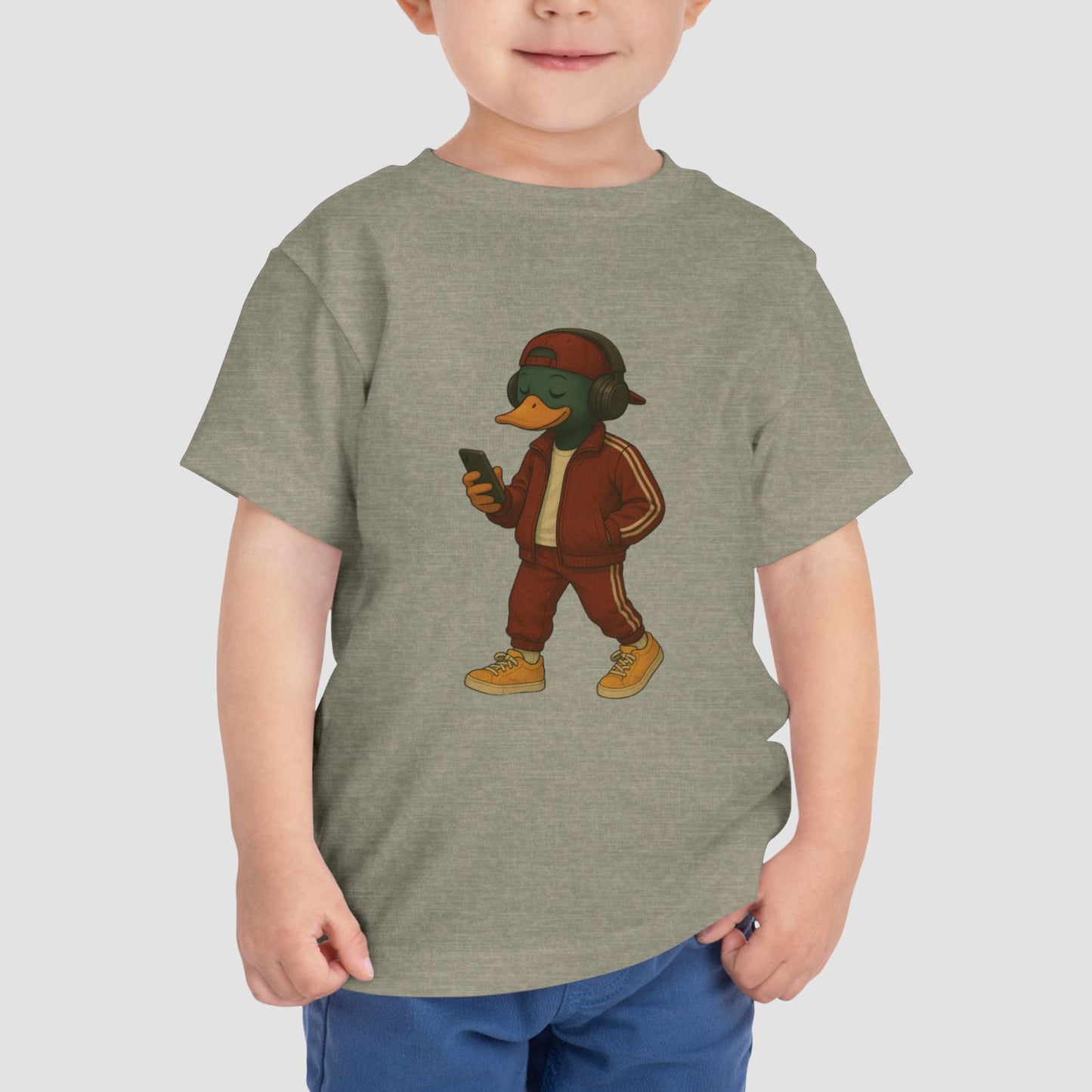 Stone Tracksuit Duck Toddler T-shirt front view with anthropomorphic mallard duck graphic