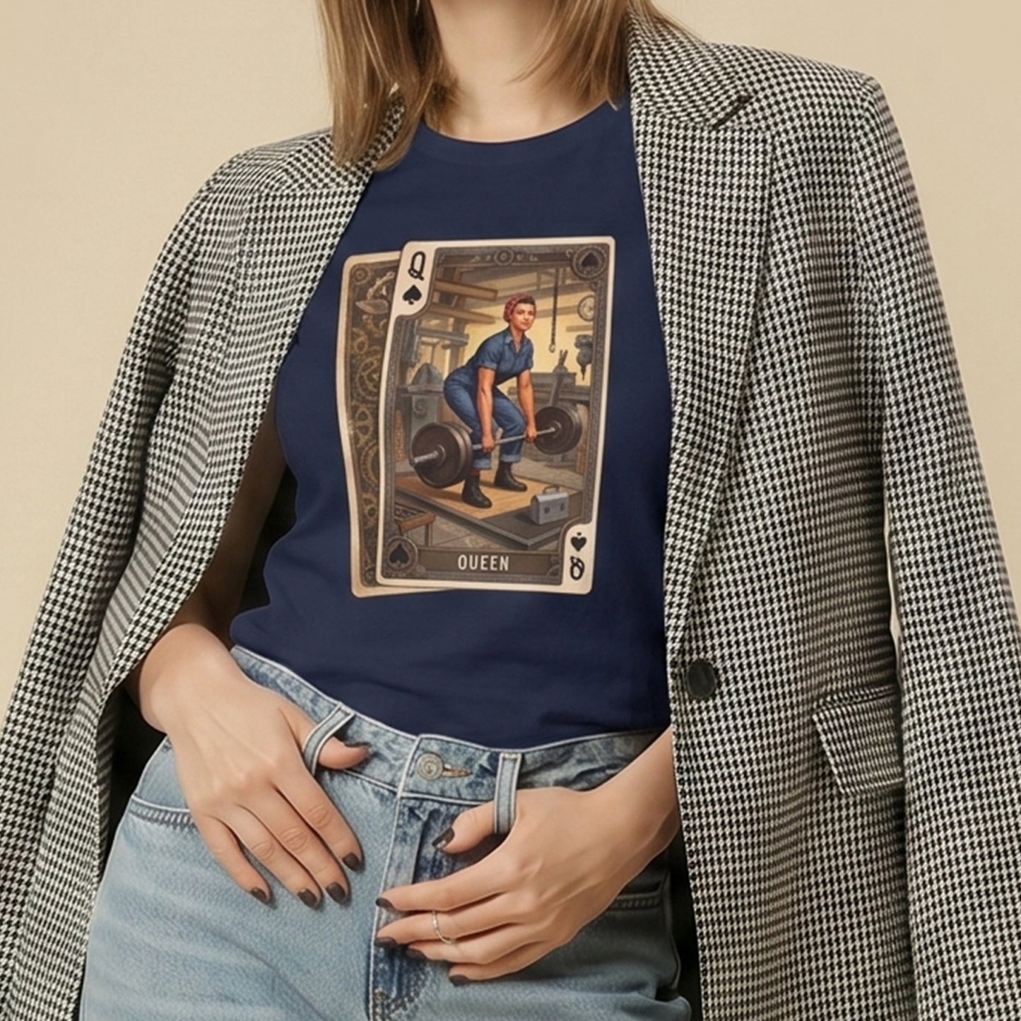 Queen of Strength Graphic Tee — Vintage Weightlifting Playing Card Design