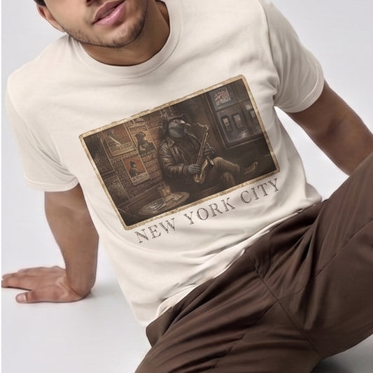 New York City Saxophonist Tee — Vintage Jazz Street Scene T-Shirt