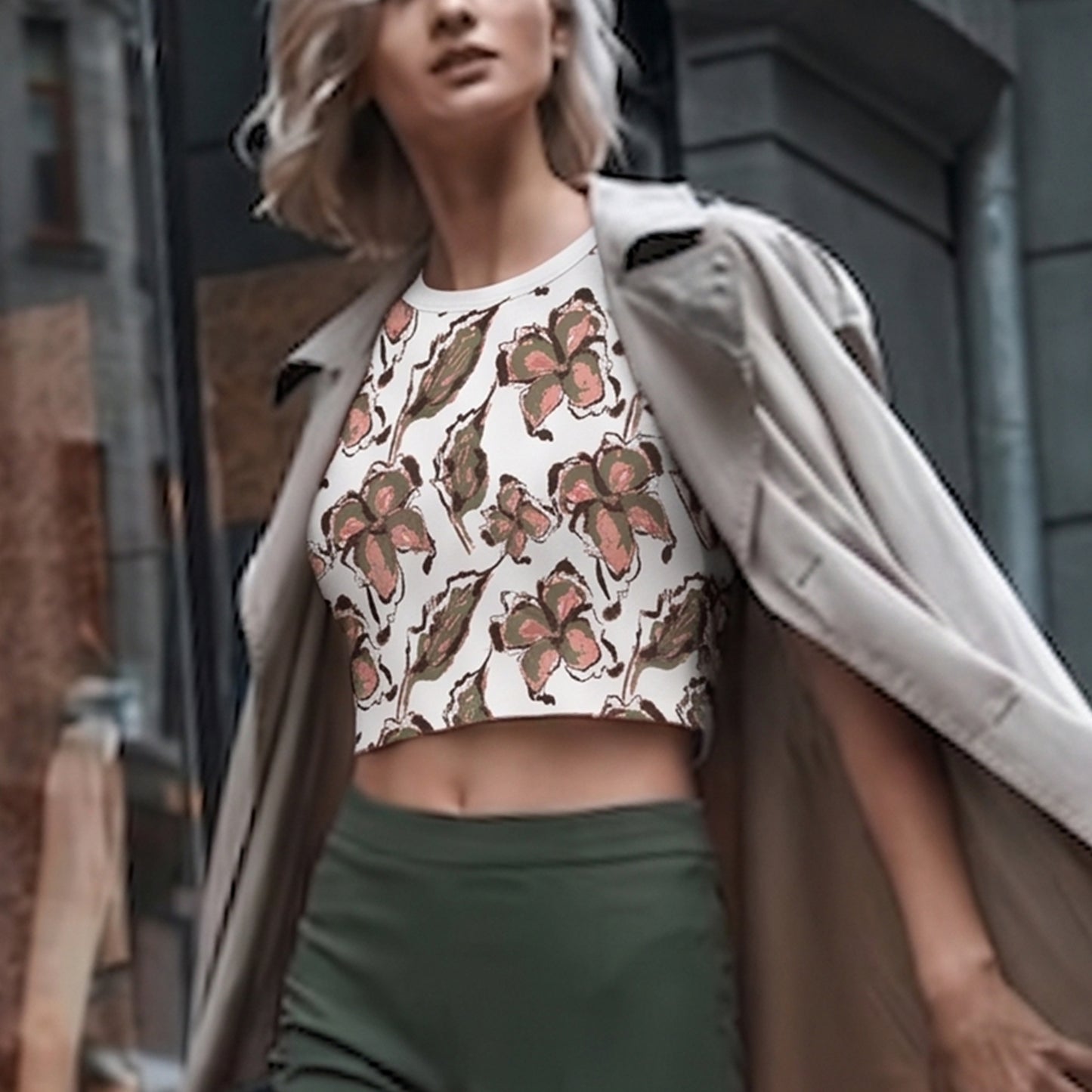 Floral Watercolor Crop Tee — Pink & Olive All-Over Print