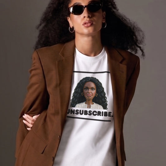 T-Shirt — "Unsubscribe." Doll Face Meme Graphic Tee - Funny Sarcastic Protest Top
