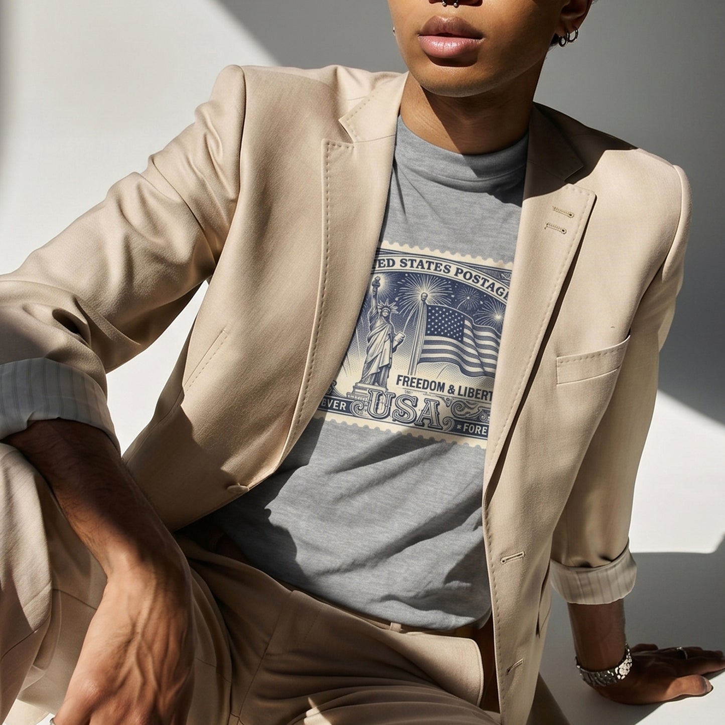 Freedom & Liberty Vintage Stamp T‑Shirt — USA Flag Postal Design