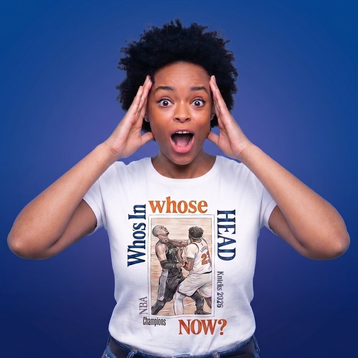 'Who's in whose Head Now?' New York Knicks 2026 NBA Champions Basketball Illustration Tee Graphic T-Shirt