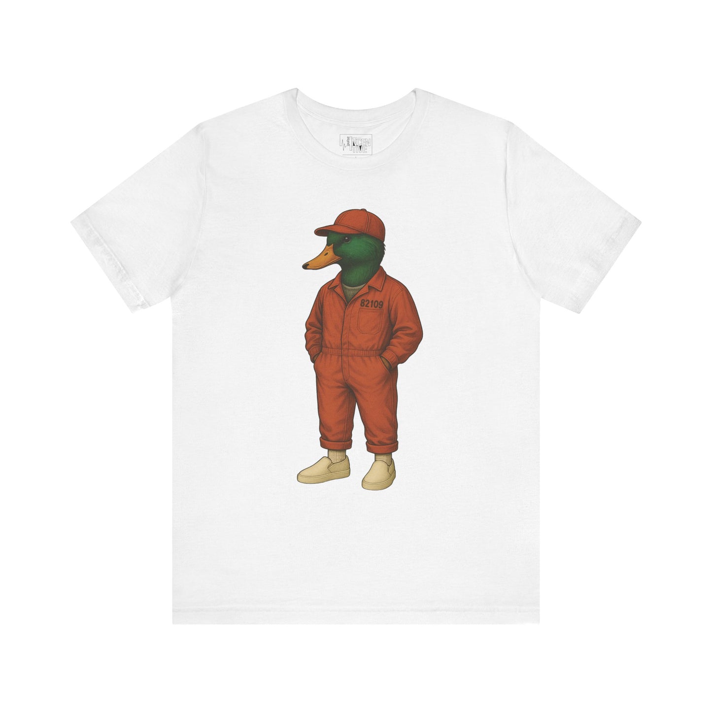 White Inmate Duck T-shirt front view with anthropomorphic mallard duck graphic