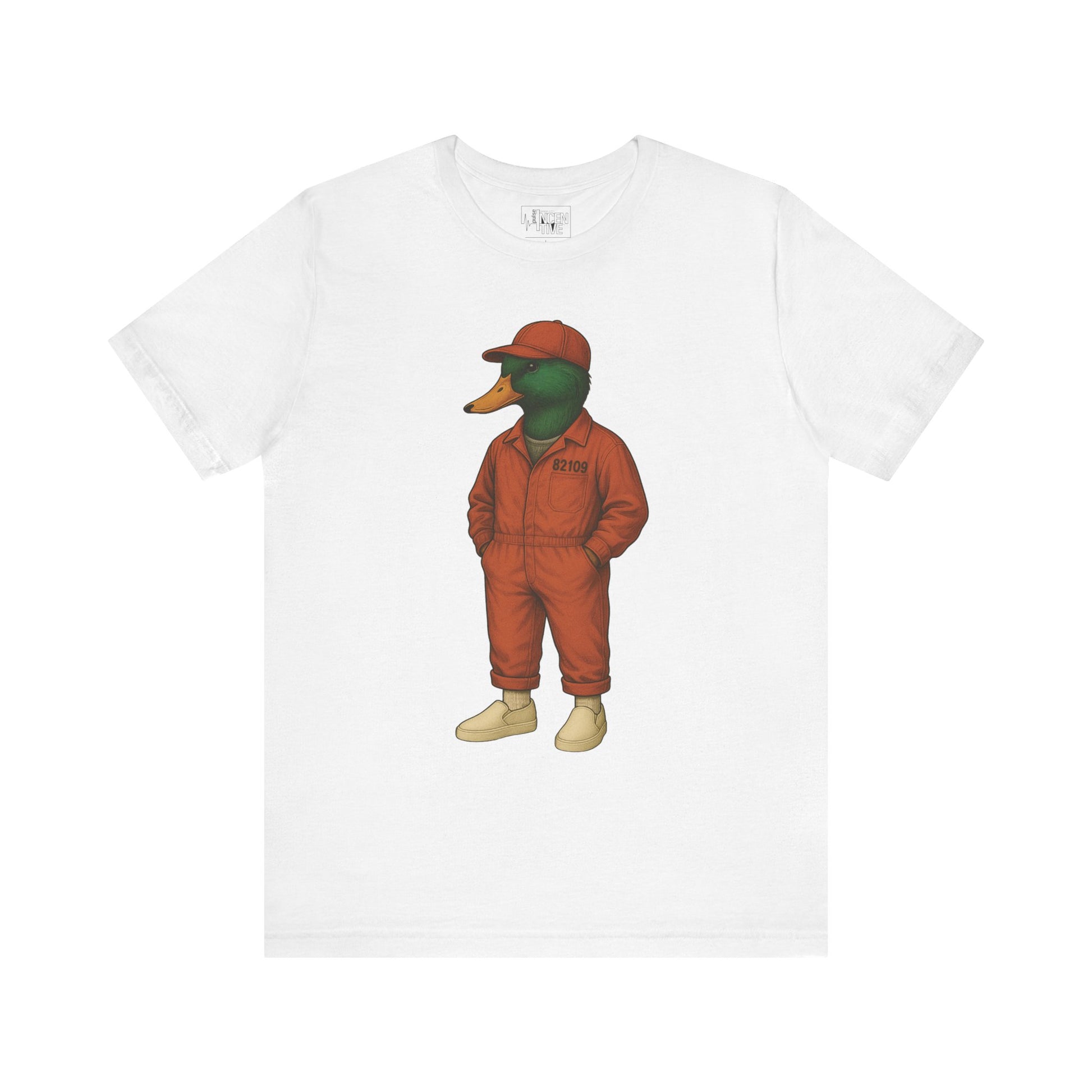 White Inmate Duck T-shirt front view with anthropomorphic mallard duck graphic