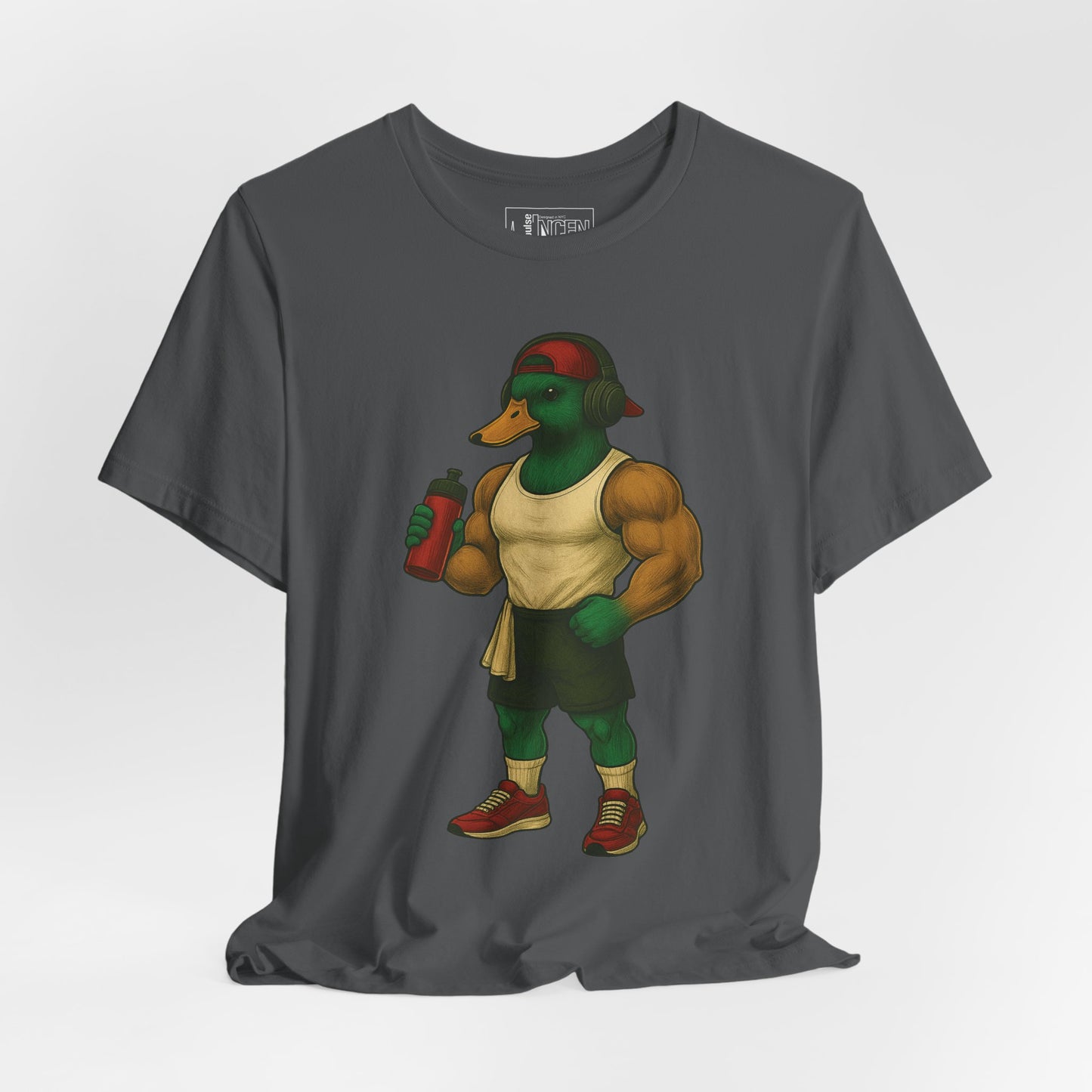Asphalt Muscle Duck T-shirt front view with anthropomorphic mallard duck graphic