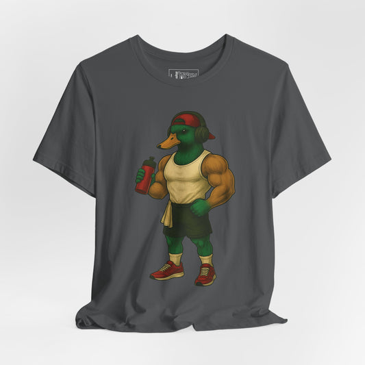 Asphalt Muscle Duck T-shirt front view with anthropomorphic mallard duck graphic