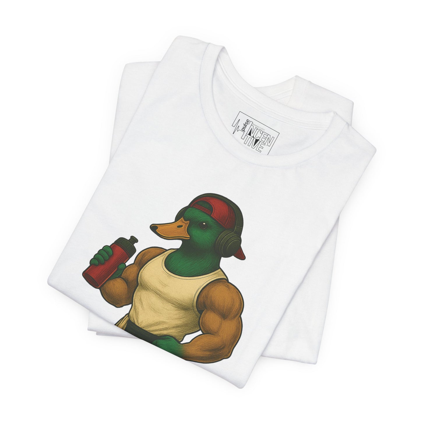 White Muscle Duck T-shirt folded view with anthropomorphic mallard duck graphic