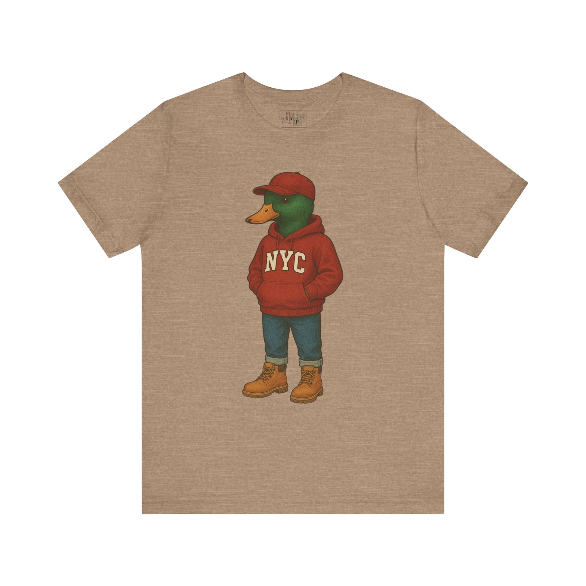 Tan NYC Duck T-shirt front view with anthropomorphic mallard duck graphic