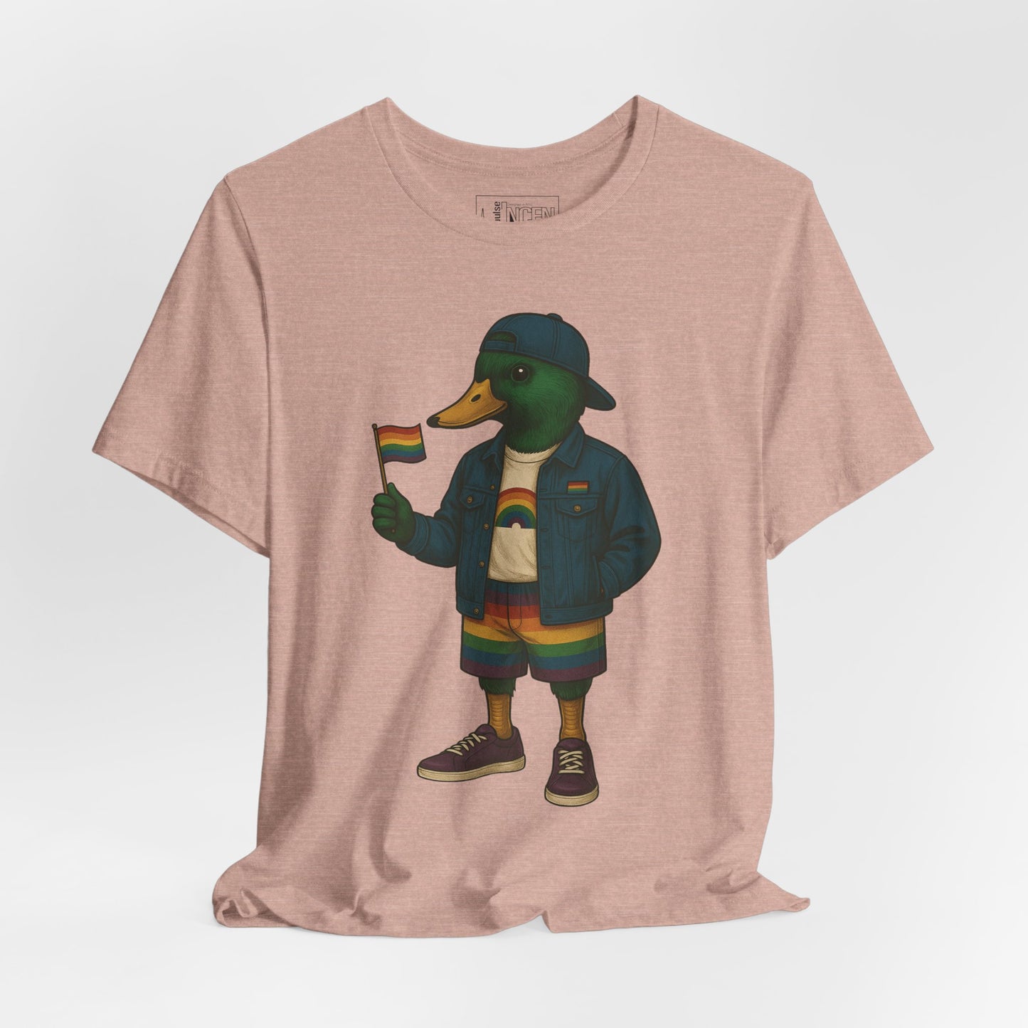 Peach Pride Duck LGBTQ+ T-shirt front view with rainbow outfit and Pride flag graphic
