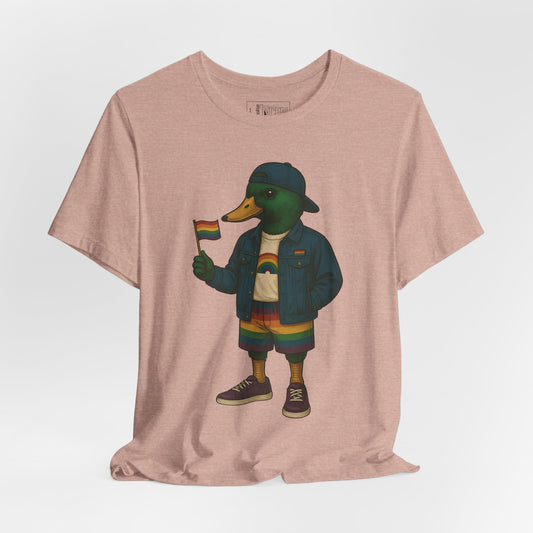 Peach Pride Duck LGBTQ+ T-shirt front view with rainbow outfit and Pride flag graphic