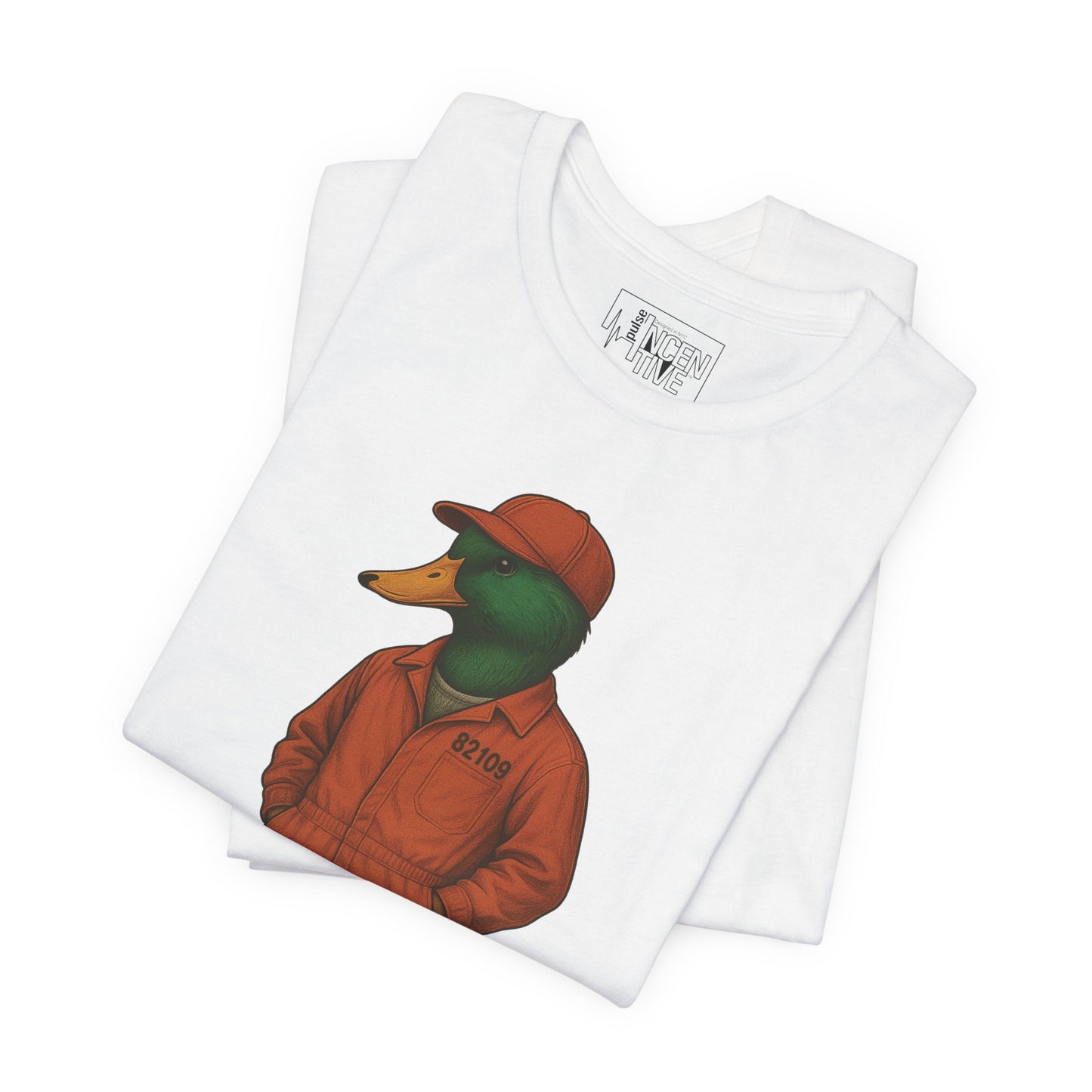 White Inmate Duck T-shirt folded view with anthropomorphic mallard duck graphic