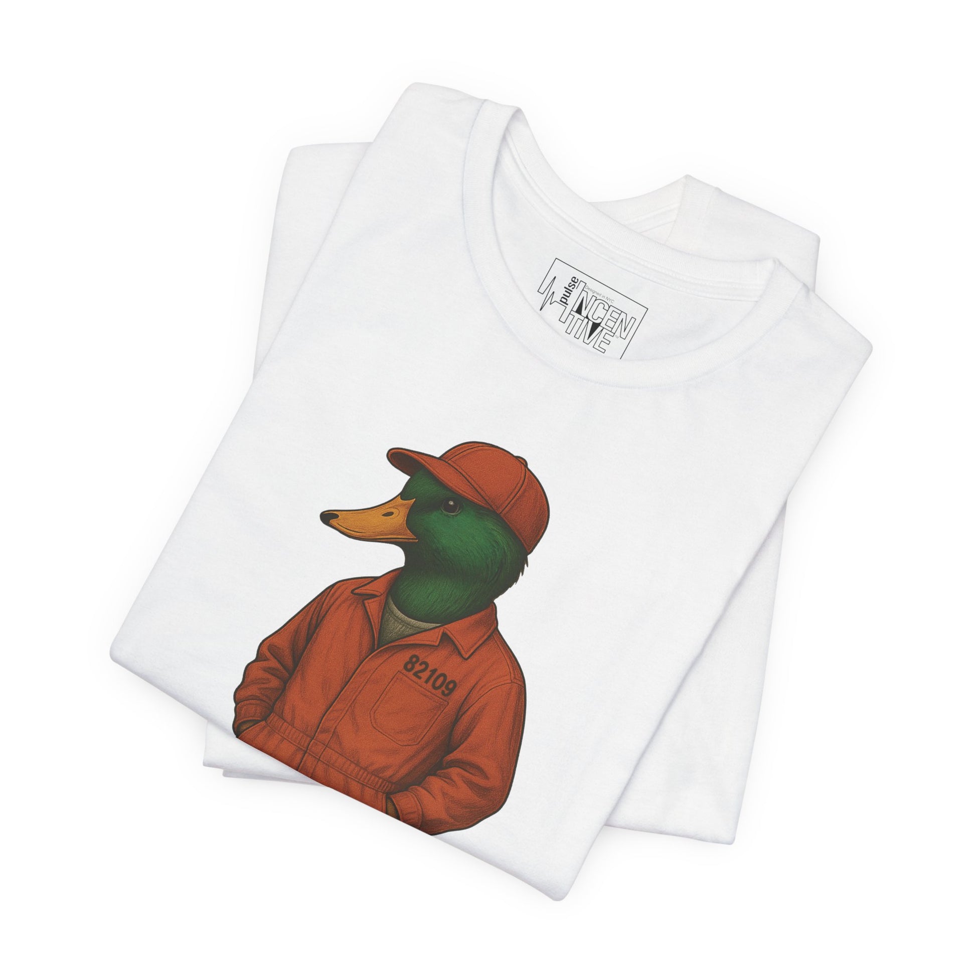 White Inmate Duck T-shirt folded view with anthropomorphic mallard duck graphic