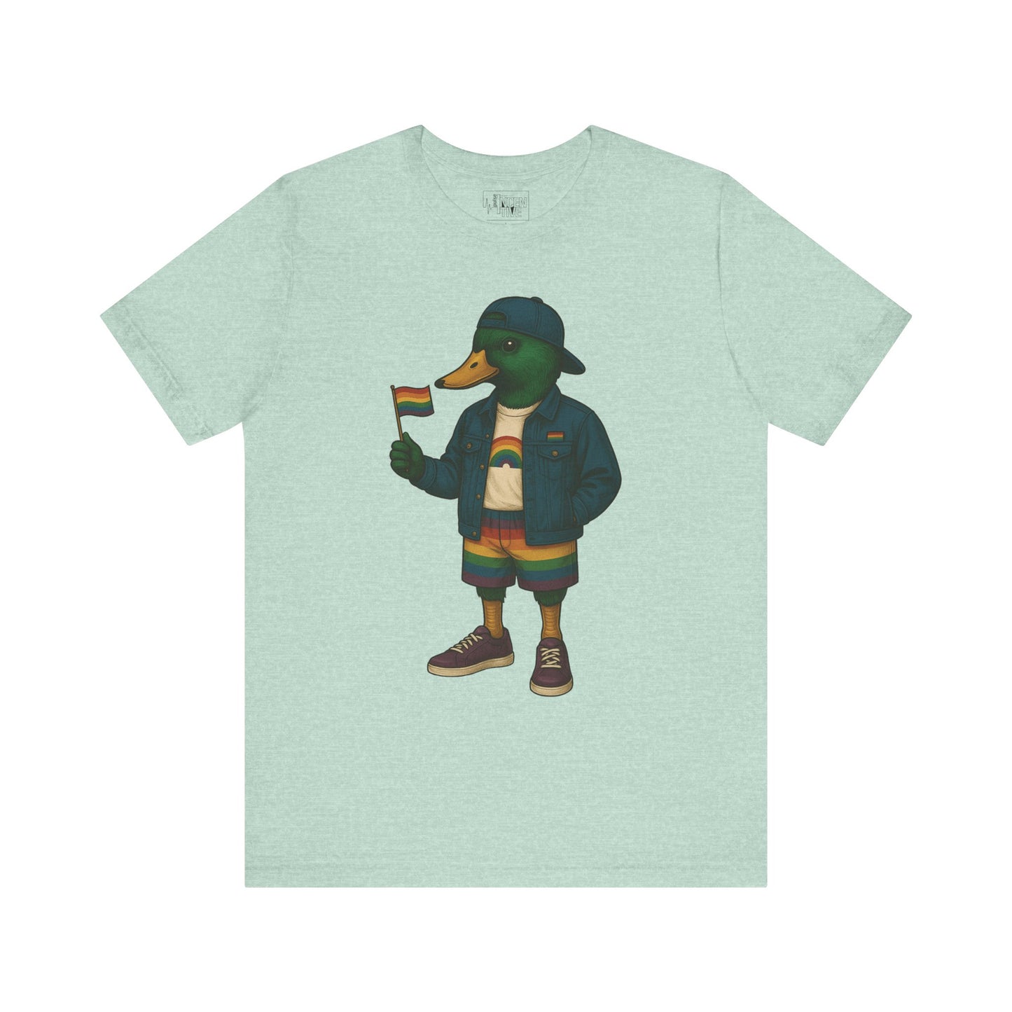 Mint Pride Duck LGBTQ+ T-shirt front view with rainbow outfit and Pride flag graphic