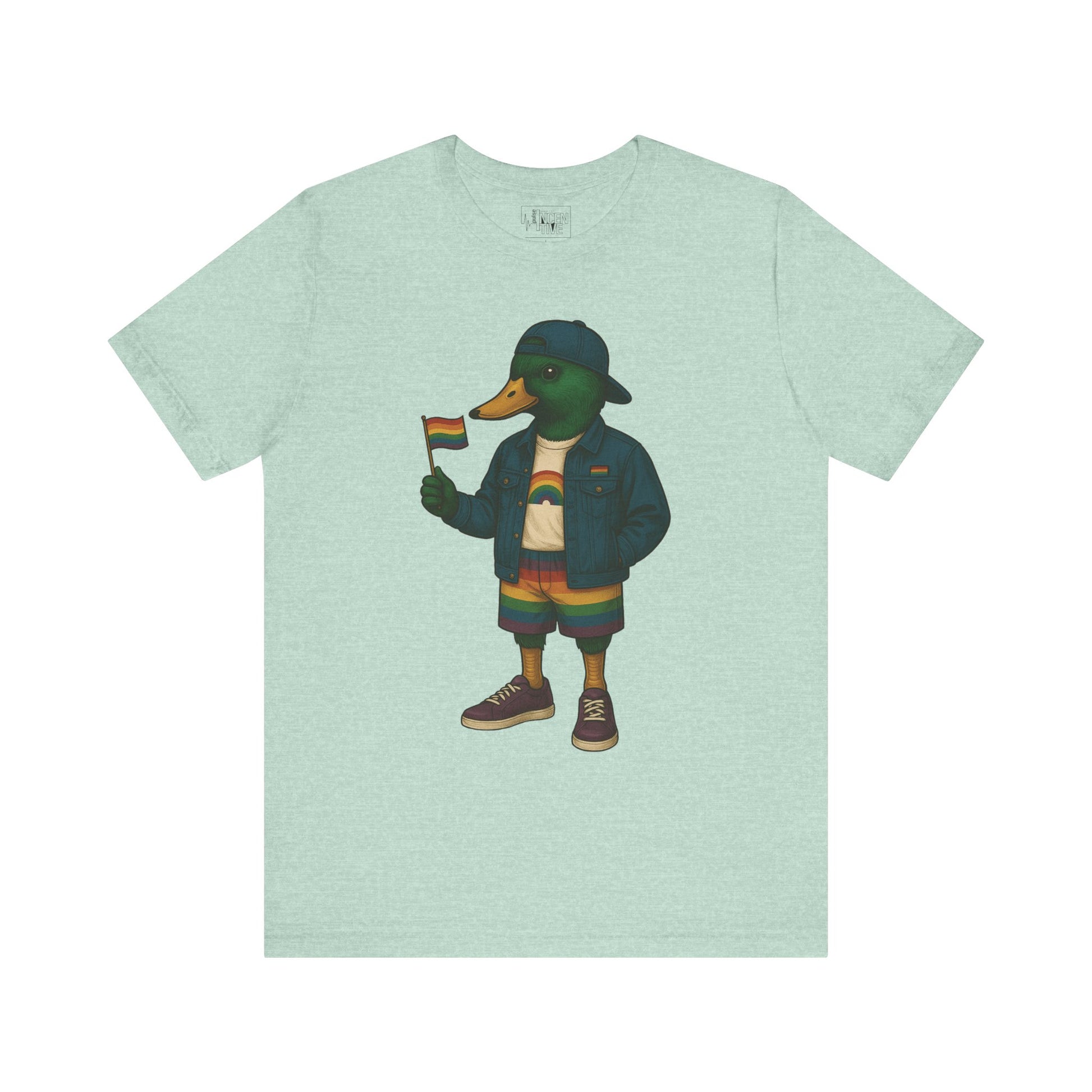 Mint Pride Duck LGBTQ+ T-shirt front view with rainbow outfit and Pride flag graphic