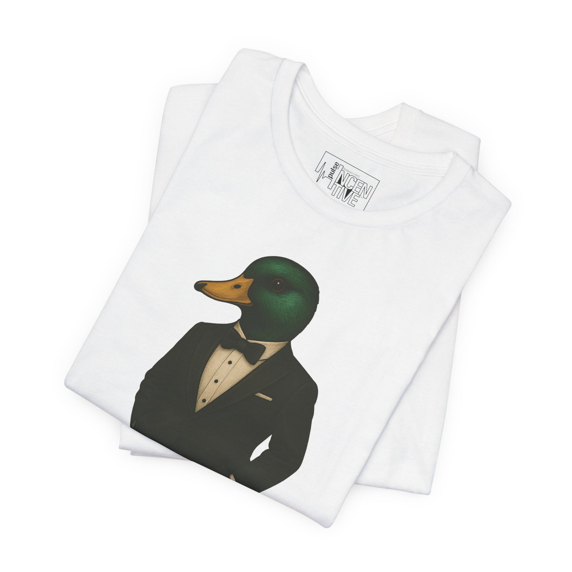 White Dapper Duck T-shirt folded view with anthropomorphic mallard duck graphic