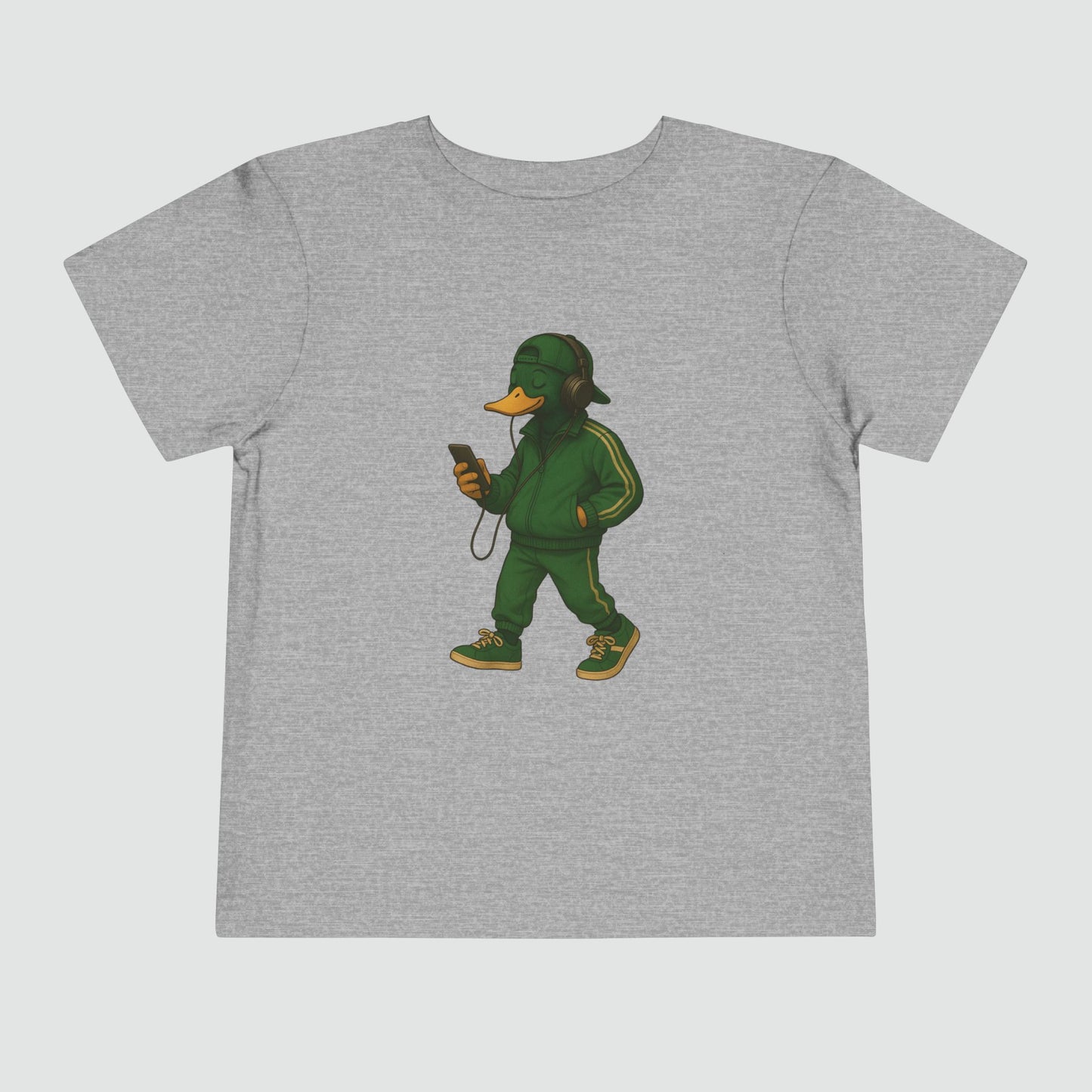 Heather Tracksuit Duck Toddler T-shirt front view with anthropomorphic mallard duck graphic