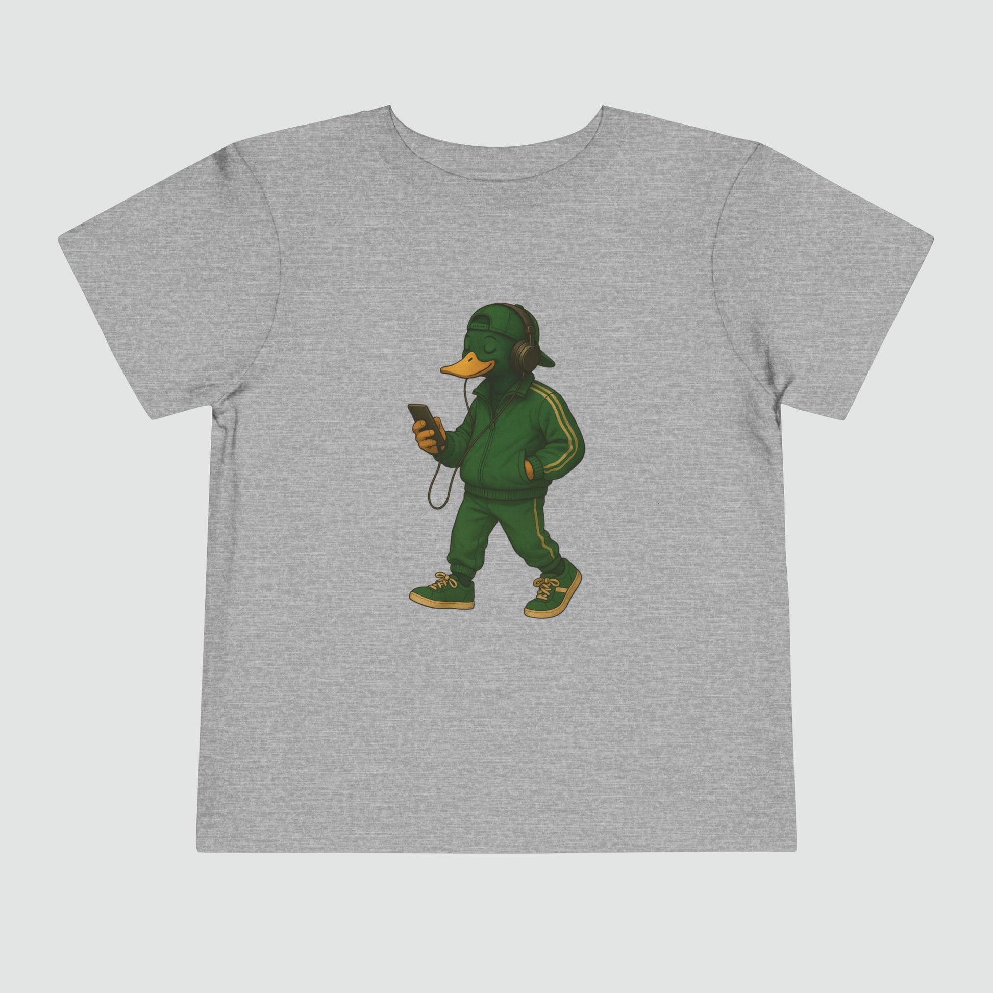 Heather Tracksuit Duck Toddler T-shirt front view with anthropomorphic mallard duck graphic