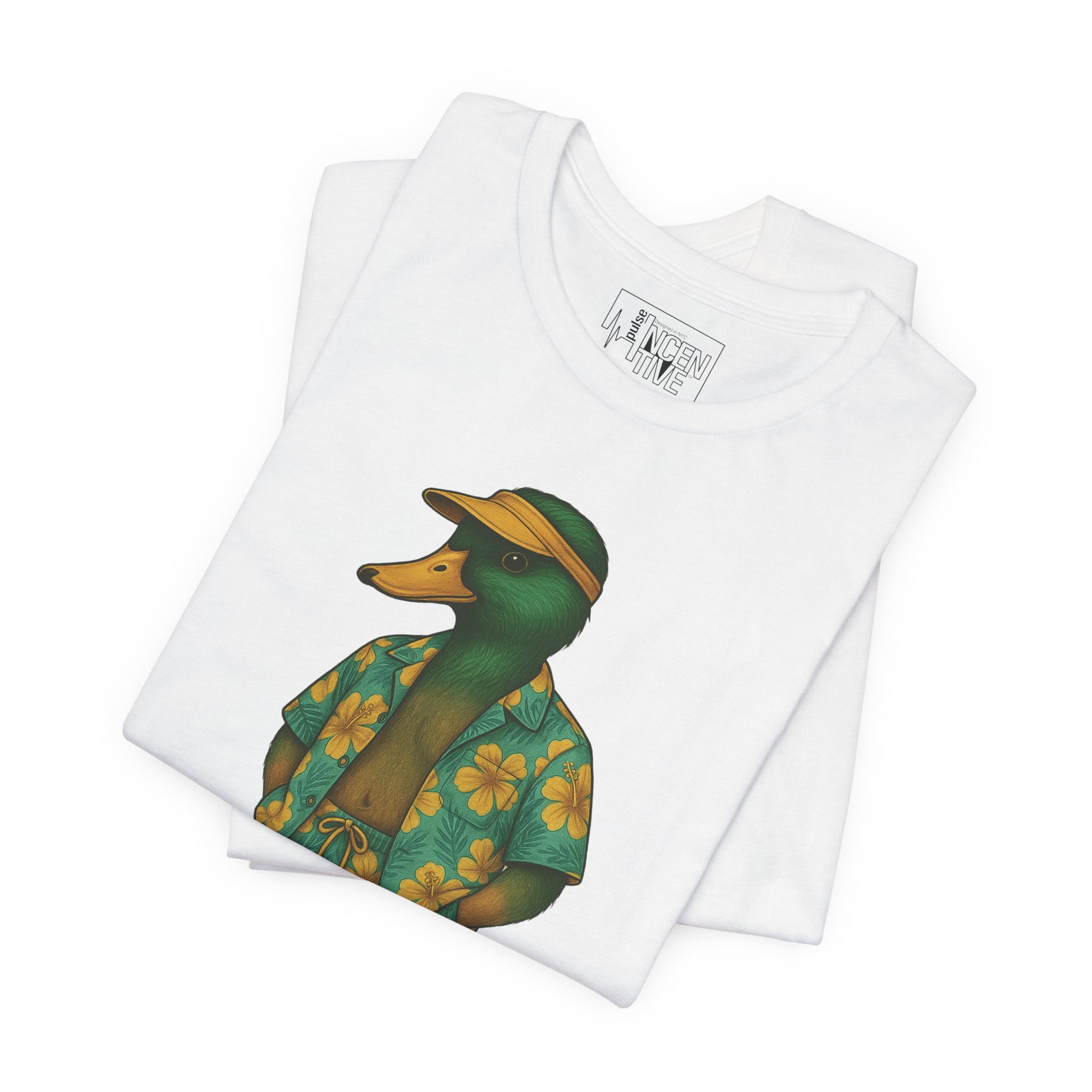 White Hawaiian Duck T-shirt folded view with anthropomorphic mallard duck graphic