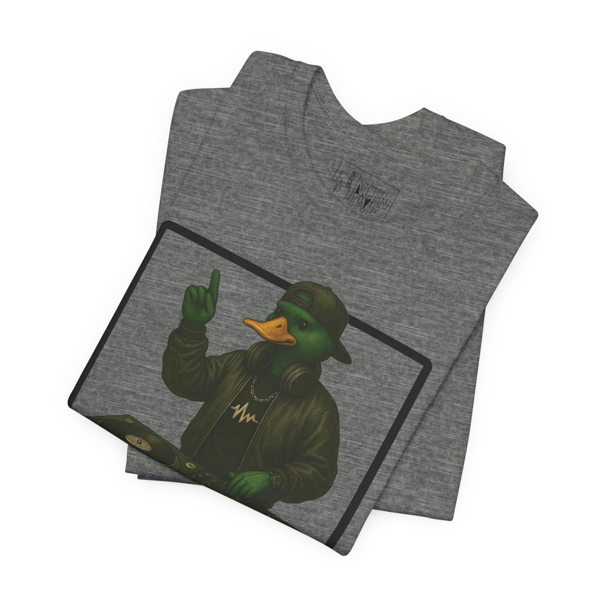Deep Heather DJ Duck T-shirt folded view with anthropomorphic mallard duck graphic