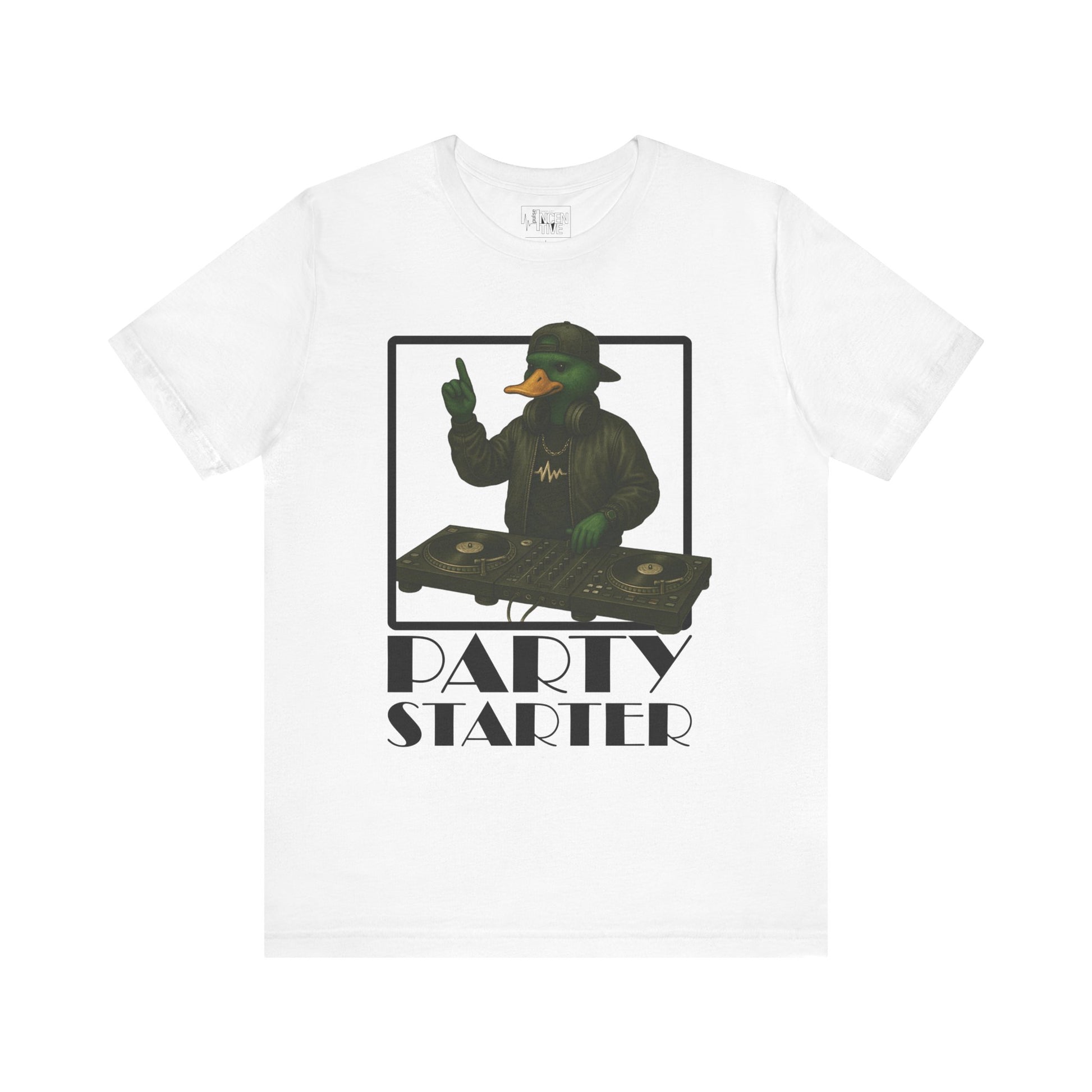 White DJ Duck T-shirt front view with anthropomorphic mallard duck graphic