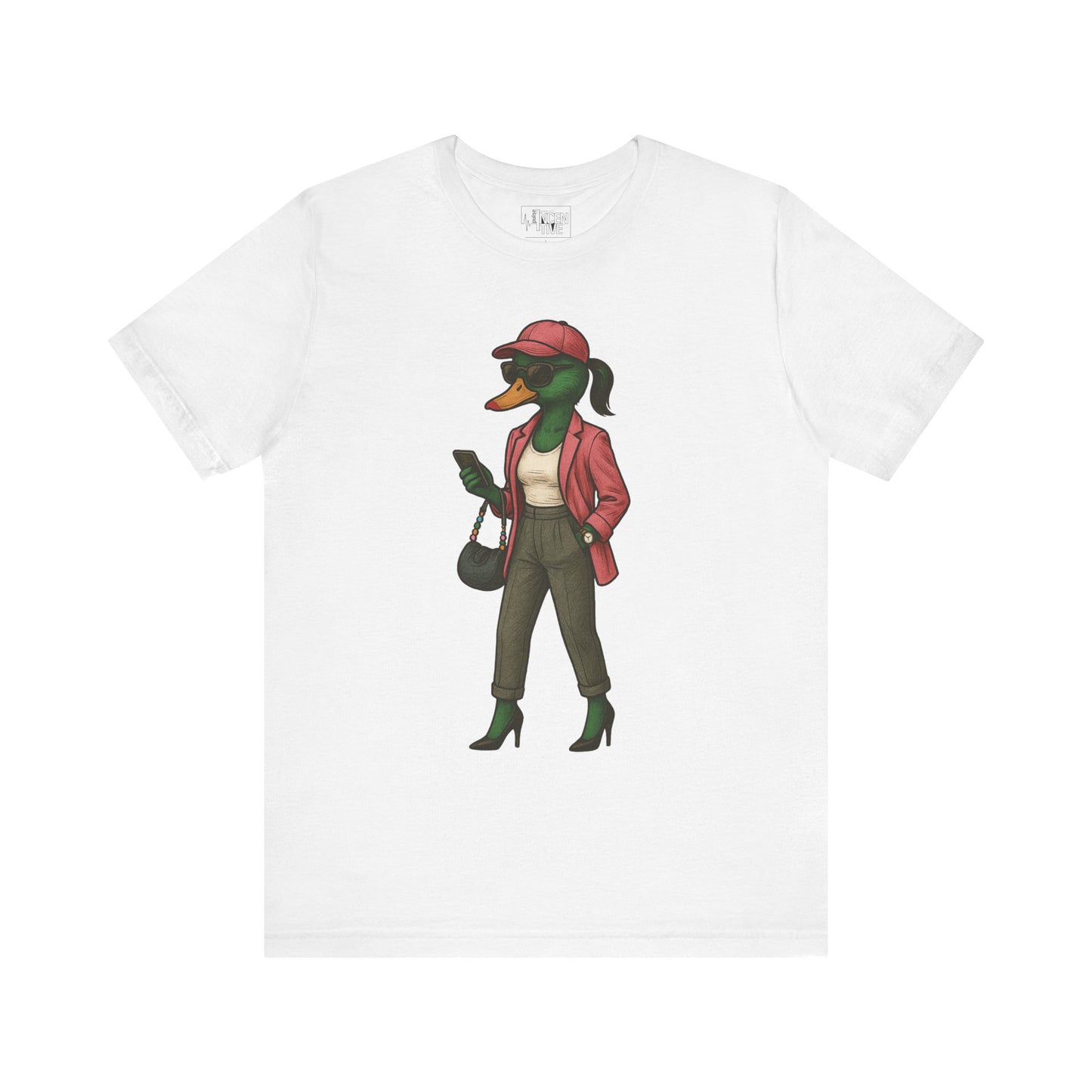 White Fashionista She Duck T-shirt front view with anthropomorphic mallard duck graphic