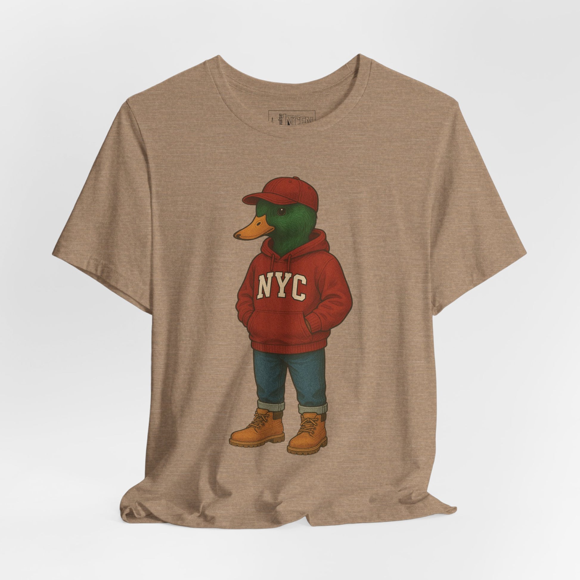 Tan NYC Duck T-shirt front view with anthropomorphic mallard duck graphic