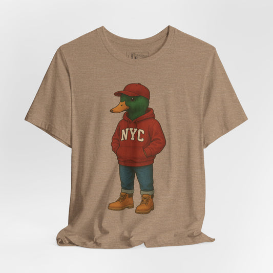 Tan NYC Duck T-shirt front view with anthropomorphic mallard duck graphic
