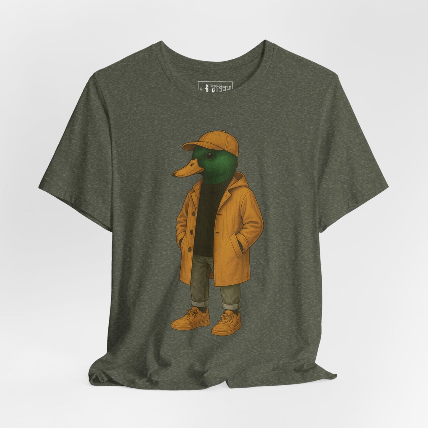 Military Green Rain Duck T-shirt front view with anthropomorphic mallard duck graphic