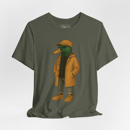 Military Green Rain Duck T-shirt front view with anthropomorphic mallard duck graphic