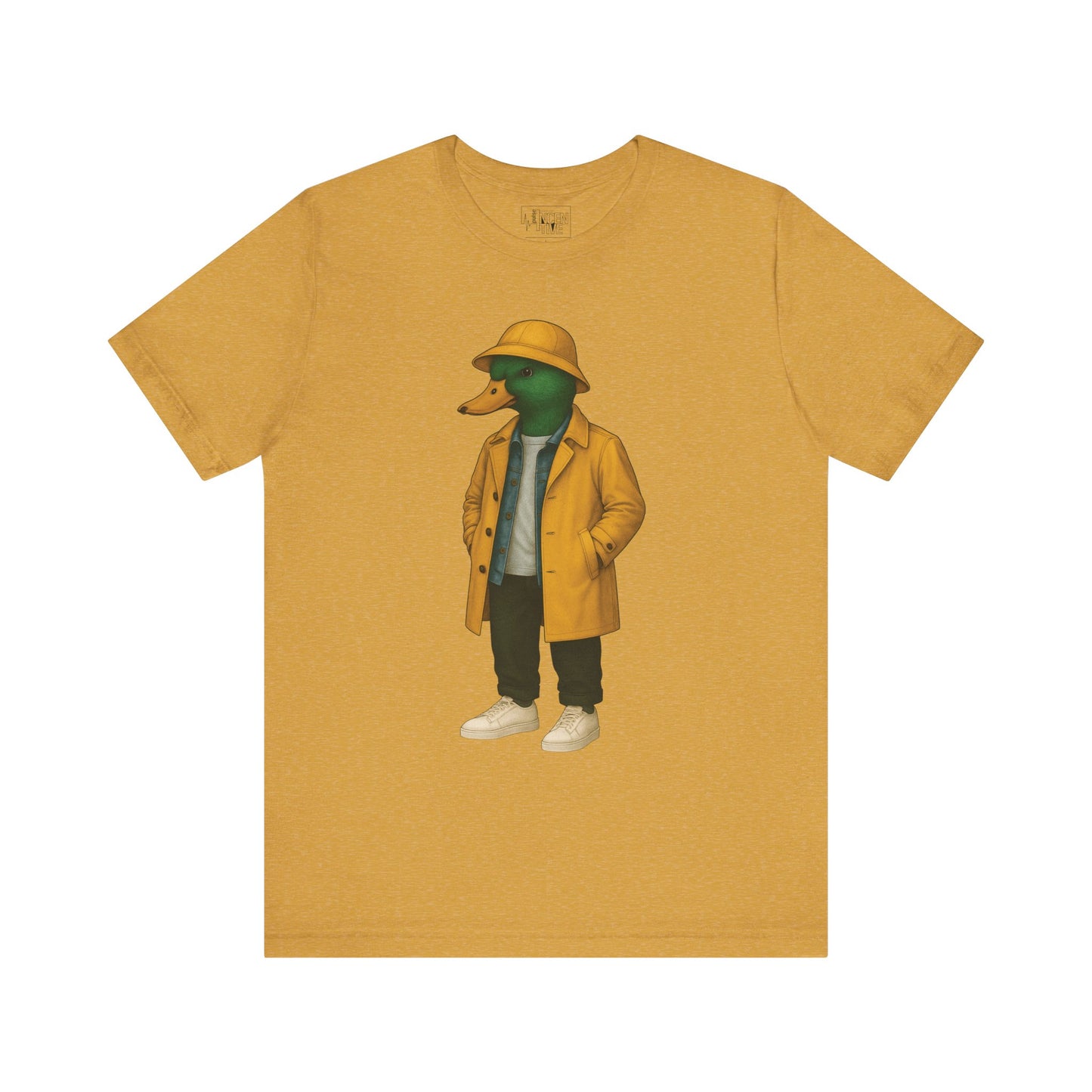Mustard Storm Duck T-shirt front view with anthropomorphic mallard duck graphic