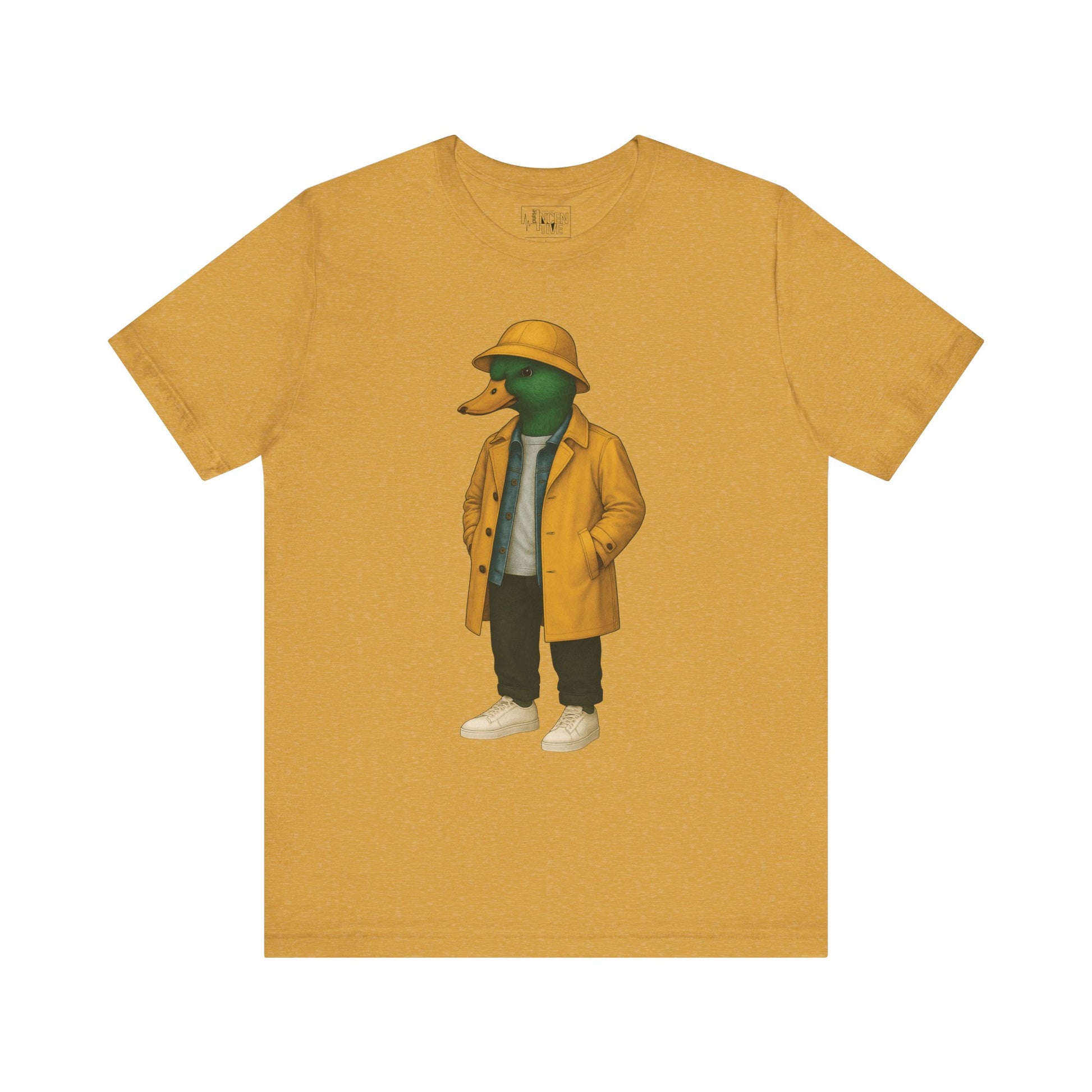 Mustard Storm Duck T-shirt front view with anthropomorphic mallard duck graphic