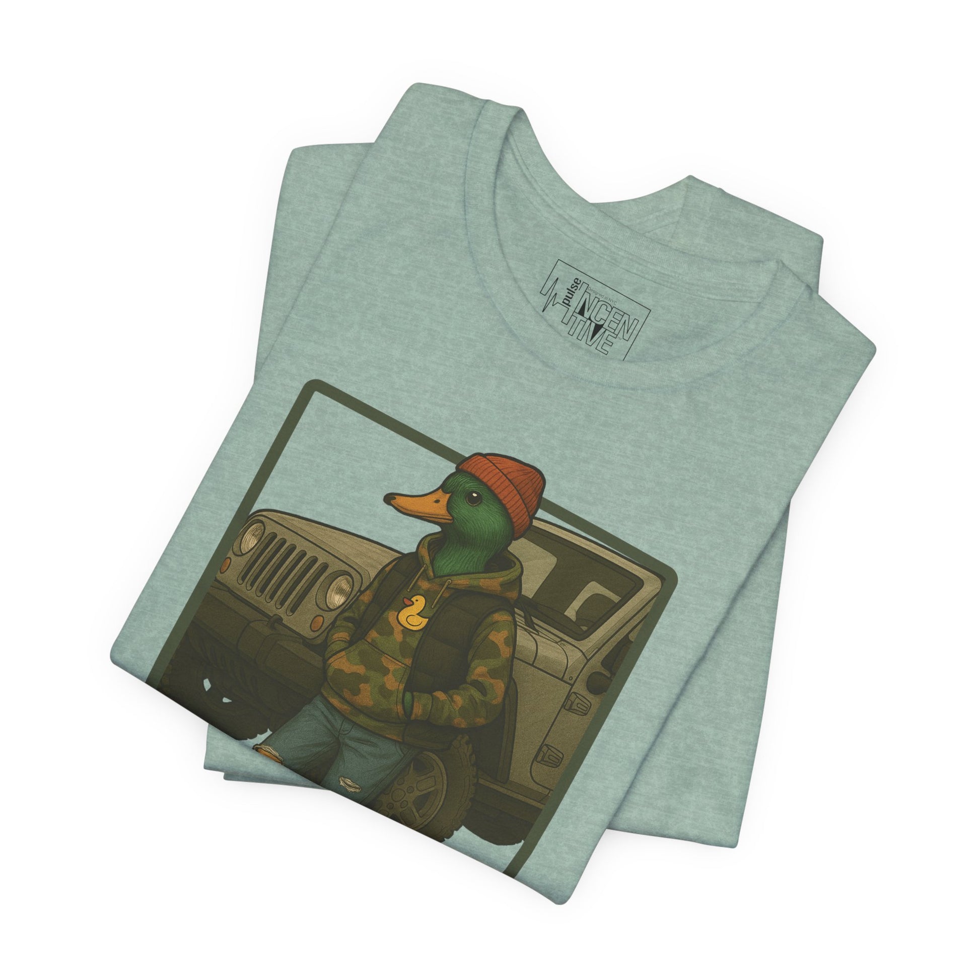 Prism Blue Off Road Duck T-shirt folded view with anthropomorphic mallard duck graphic