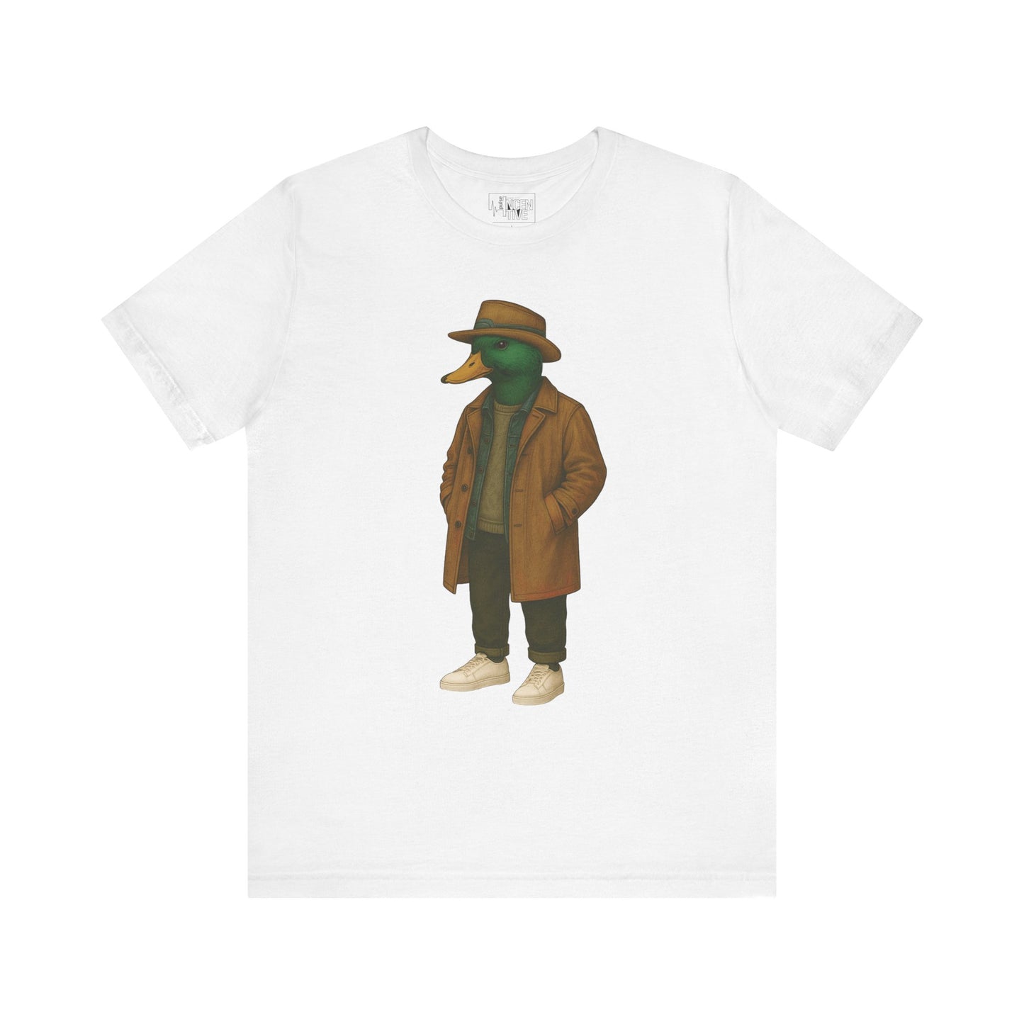 White Noir Duck T-shirt front view with anthropomorphic mallard duck graphic