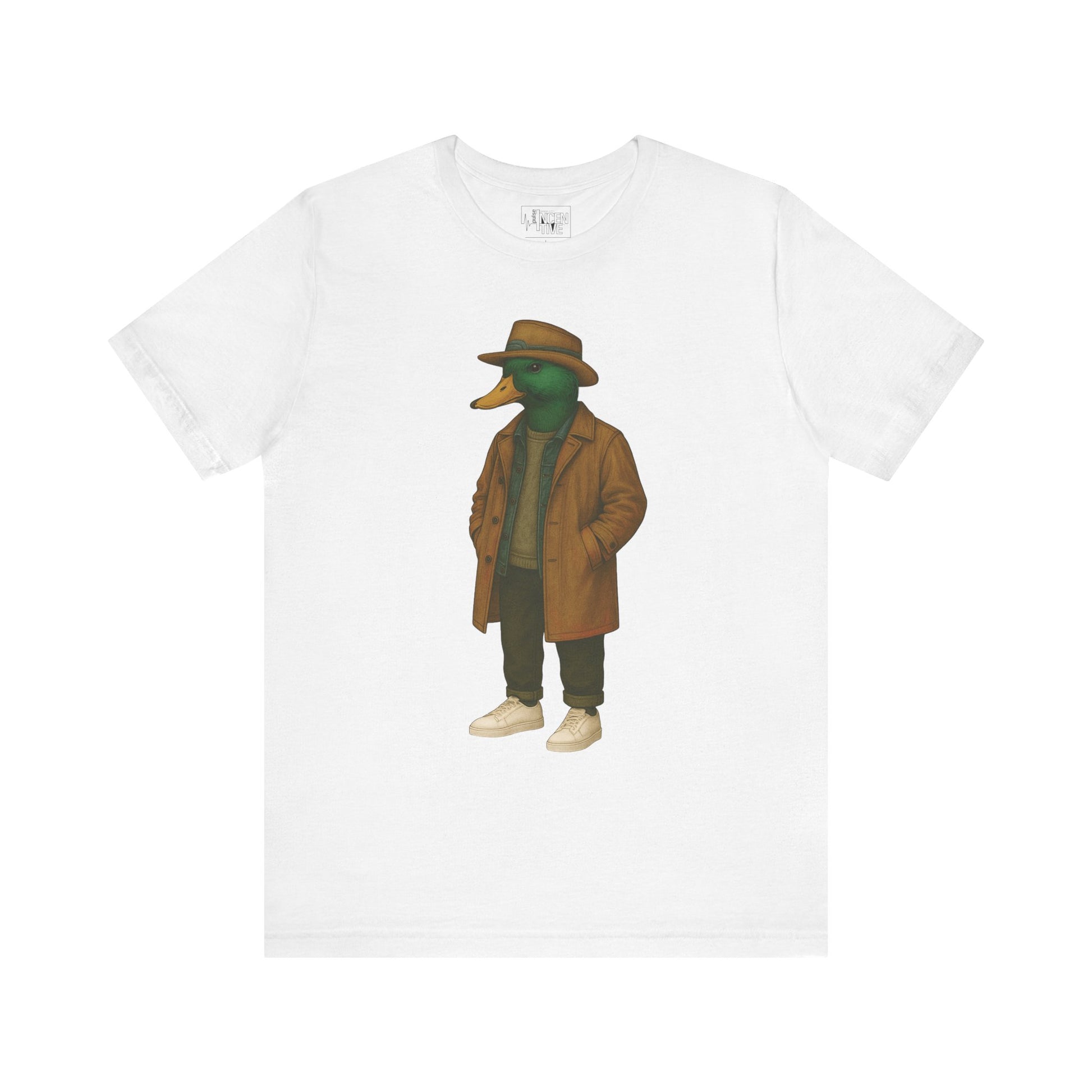 White Noir Duck T-shirt front view with anthropomorphic mallard duck graphic