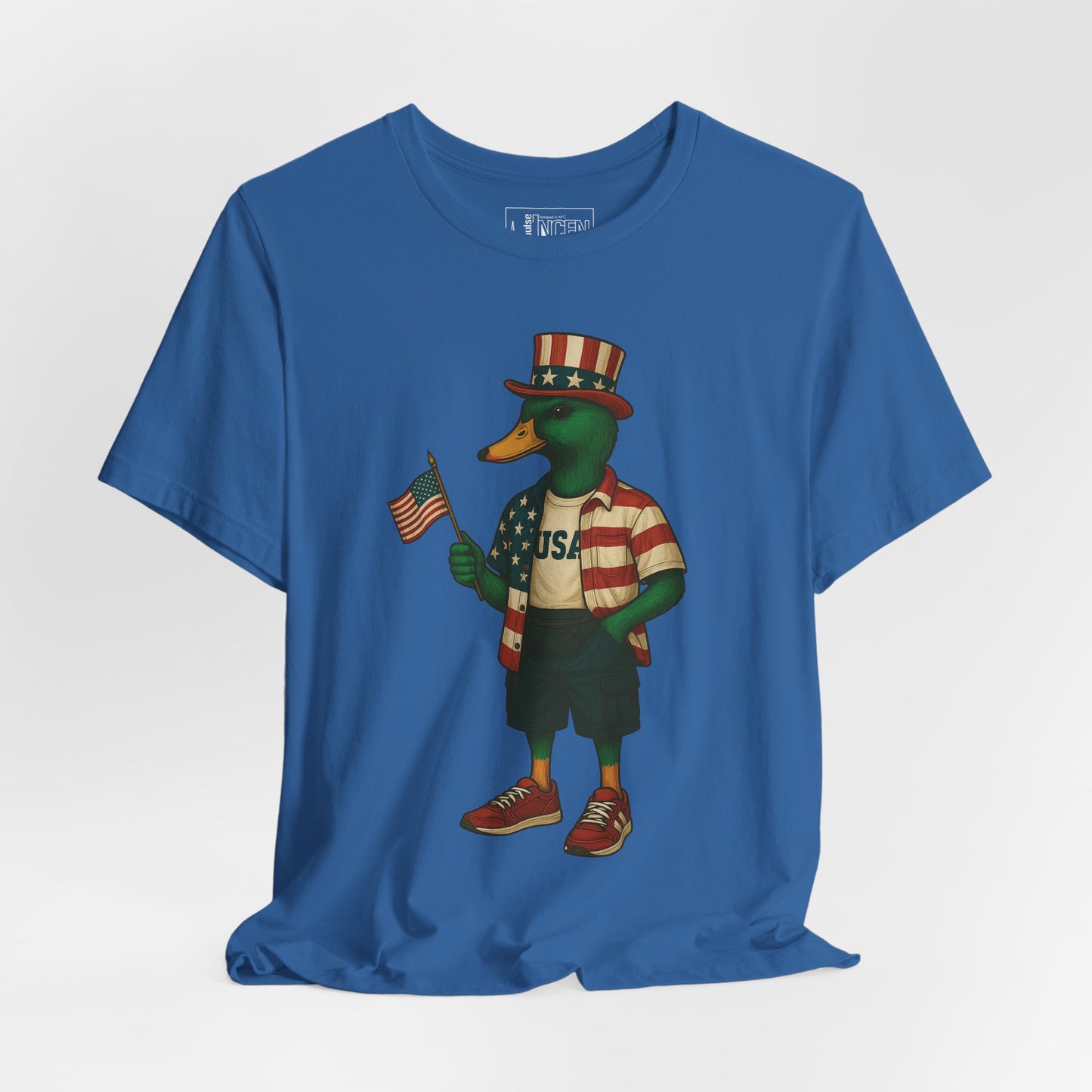Columbia Blue USA Duck T-shirt front view with anthropomorphic mallard duck graphic