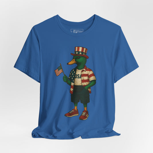 Columbia Blue USA Duck T-shirt front view with anthropomorphic mallard duck graphic